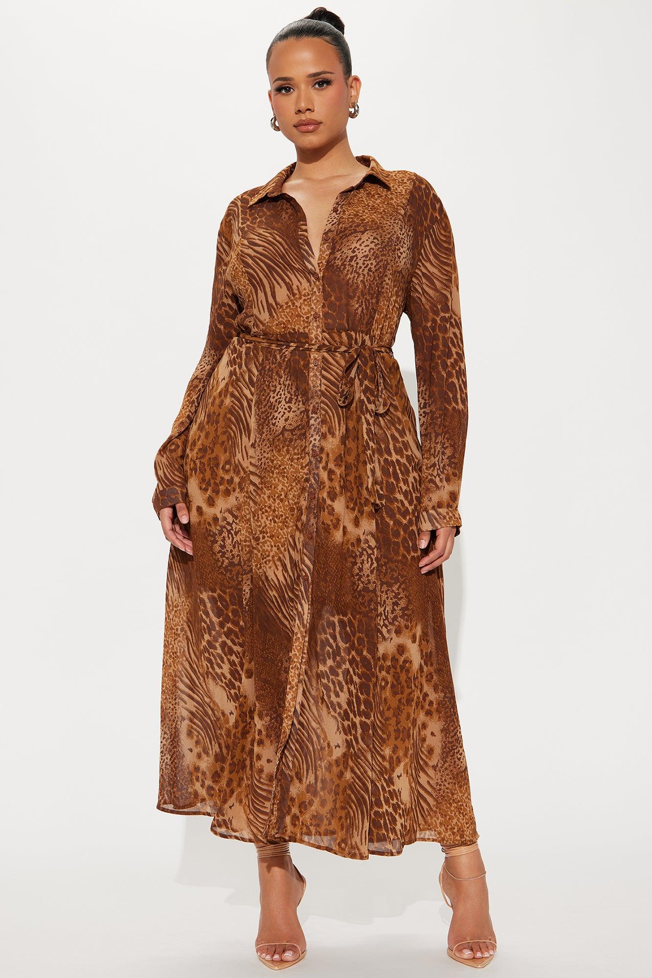 Reina Animal Print Midi Shirt Dress - Brown Product Image