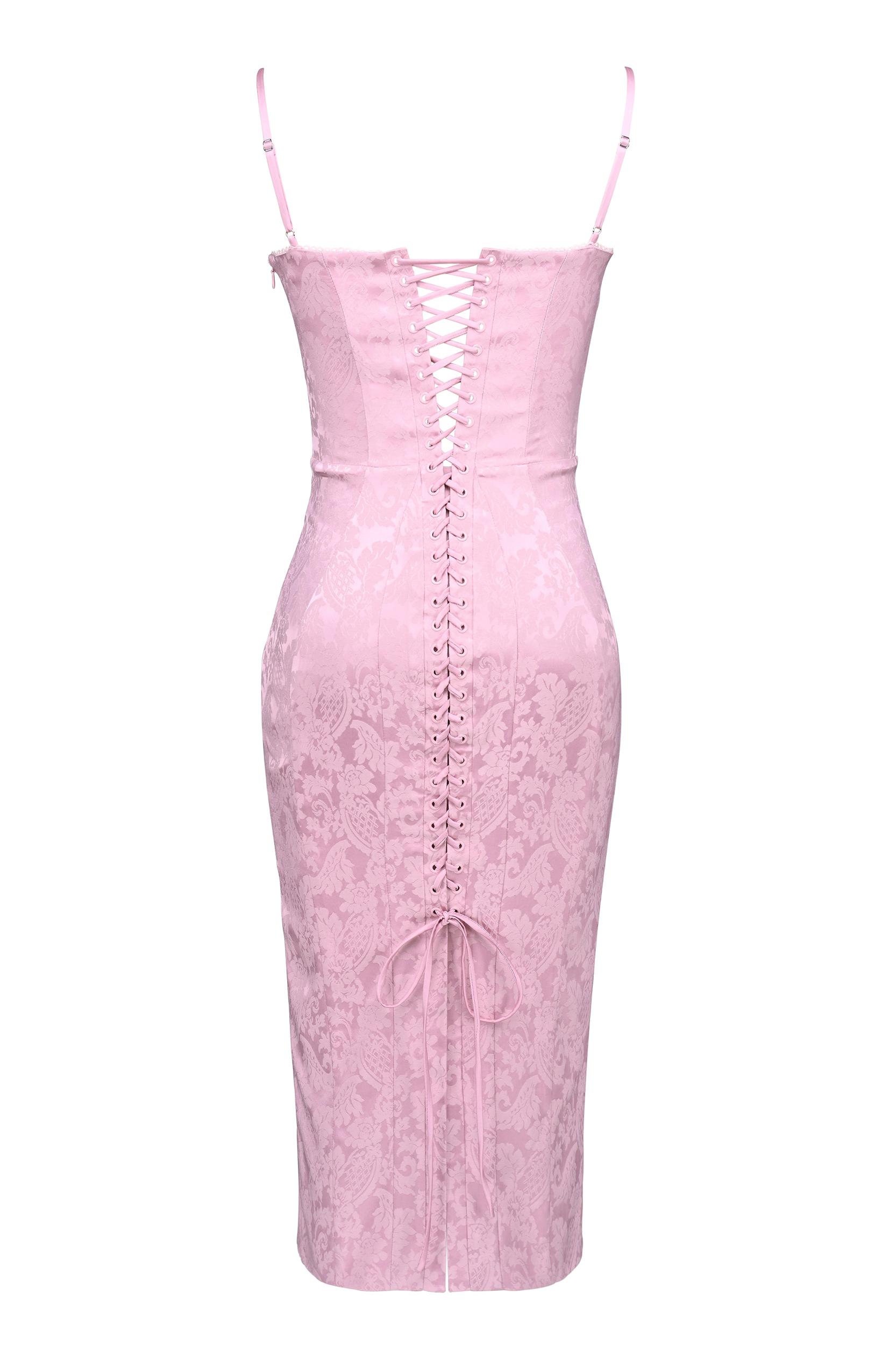 Ophelle  pink jacquard lace up bodycon midi dress - sale Product Image