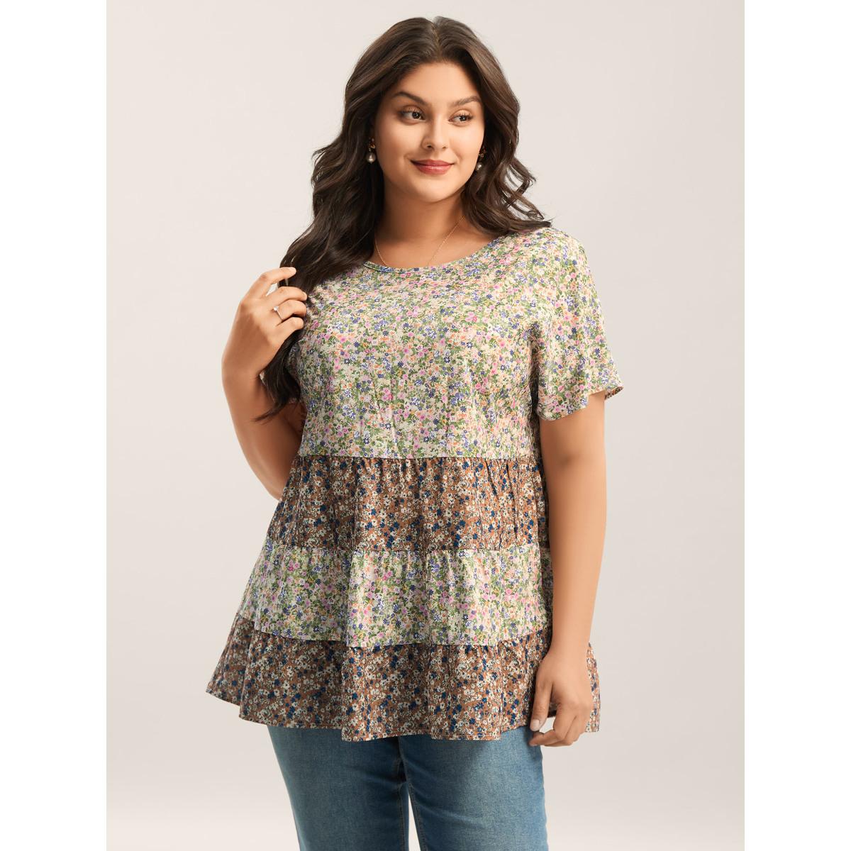 Plus Size Multicolor Ditsy Floral Print Tiered Blouse Women Timeless Short sleeve Round Neck Elegant Blouses BloomChic 14-16/1X Product Image