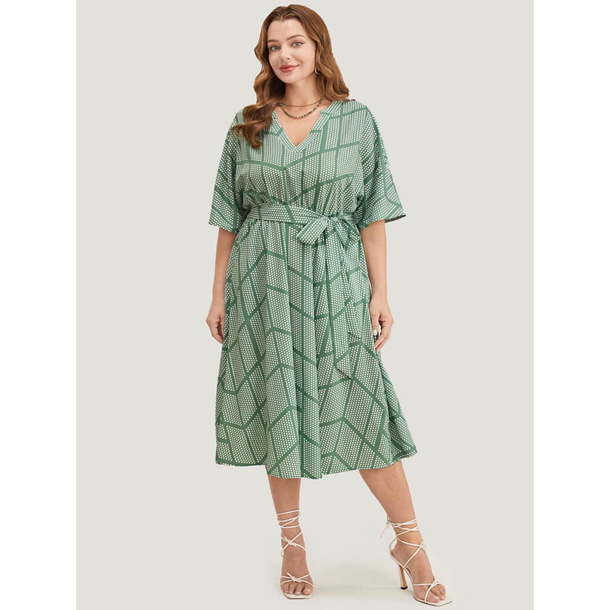 Plus Size Geometric Print Dolman Sleeve Pocket Belted Ruffles Dress Mint Women Office Cross straps V-neck Short sleeve Curvy Midi Dress BloomChic 28/5X Product Image