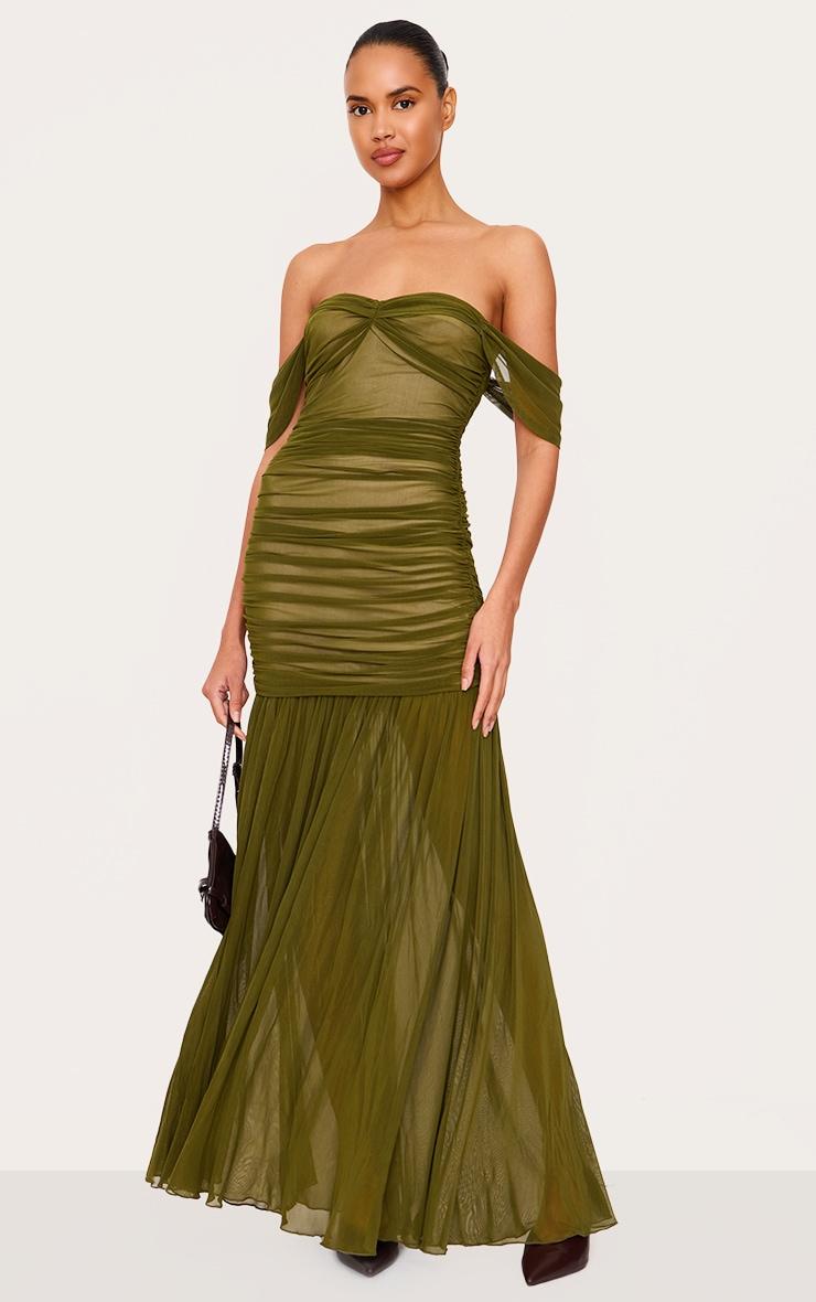 Olive Mesh Bardot Ruched Detail Maxi Dress Product Image