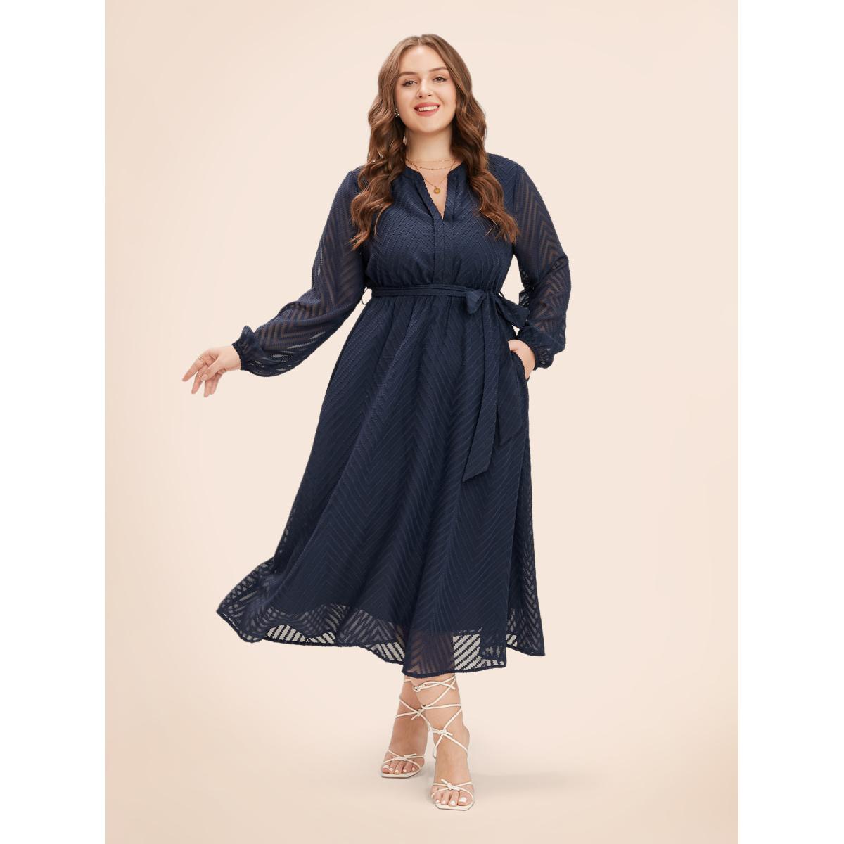 Plus Size Solid Geometric Pocket Mesh Lantern Sleeve Belted Dress Navy Women Office Pocket Flat collar with V-notch Short sleeve Curvy Midi Dress BloomChic 22-24/3X Product Image