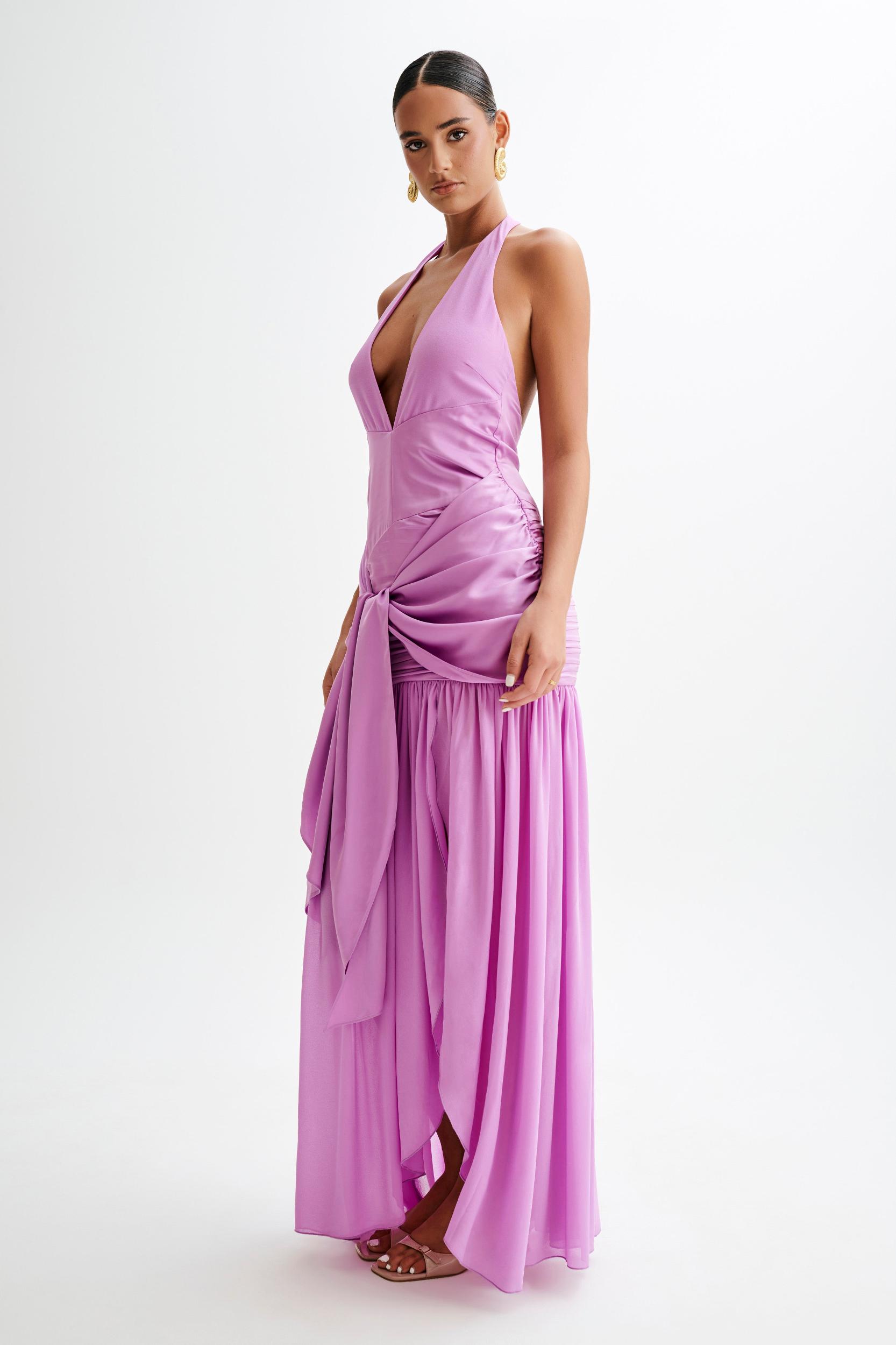 Graziana Satin Chiffon Plunge Maxi Dress - Violet Product Image