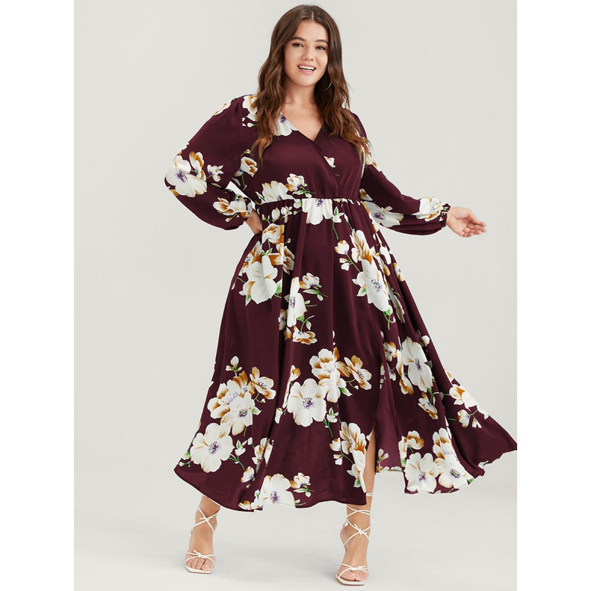 Plus Size Bloom Dress - Floral Lantern Sleeve Pocket Split Surplice Neck Flutter Maxi Dress Burgundy Women Elegant Printed V-neck Long Sleeve Curvy Long Dress BloomChic 22-24/3X Product Image