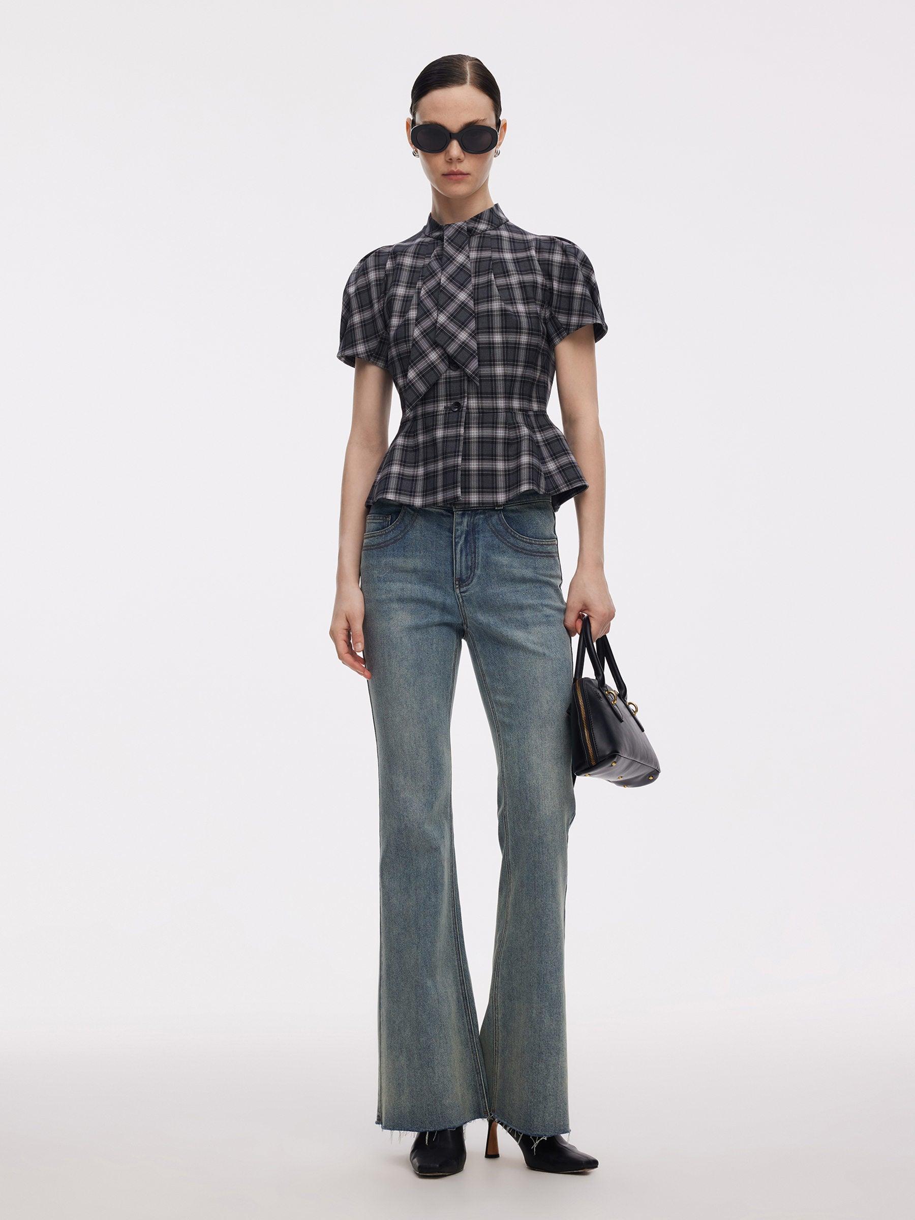 Plaid Ribbon Tie Women Flare Hem Top Product Image