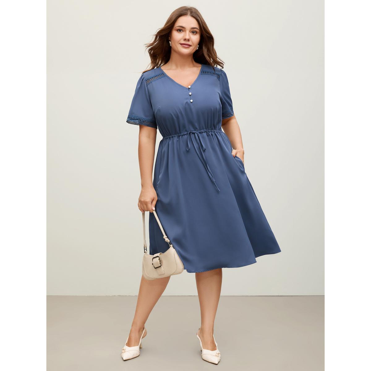 Plus Size Lace Trim Waist-Drawstring Solid Midi Dress Mediumblue Women V-neck Short sleeve Curvy BloomChic 10/M Product Image