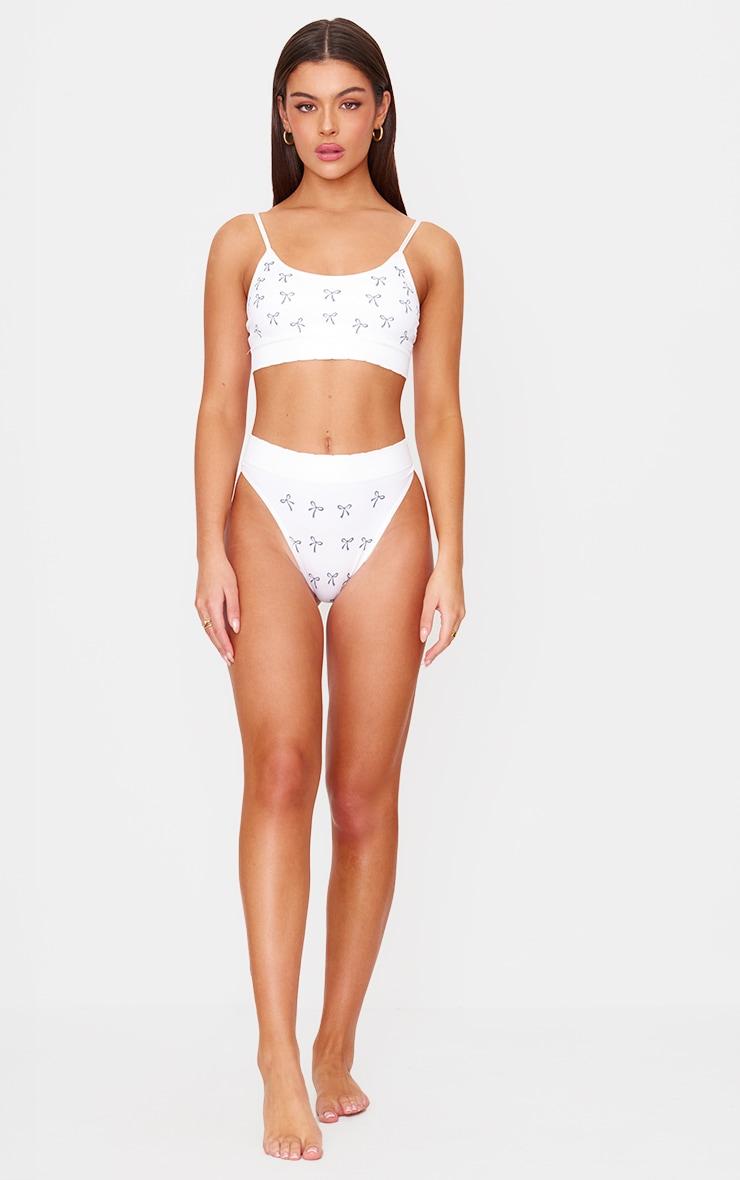 White Bow Print Ribbed Scoop Neck Bralette Product Image