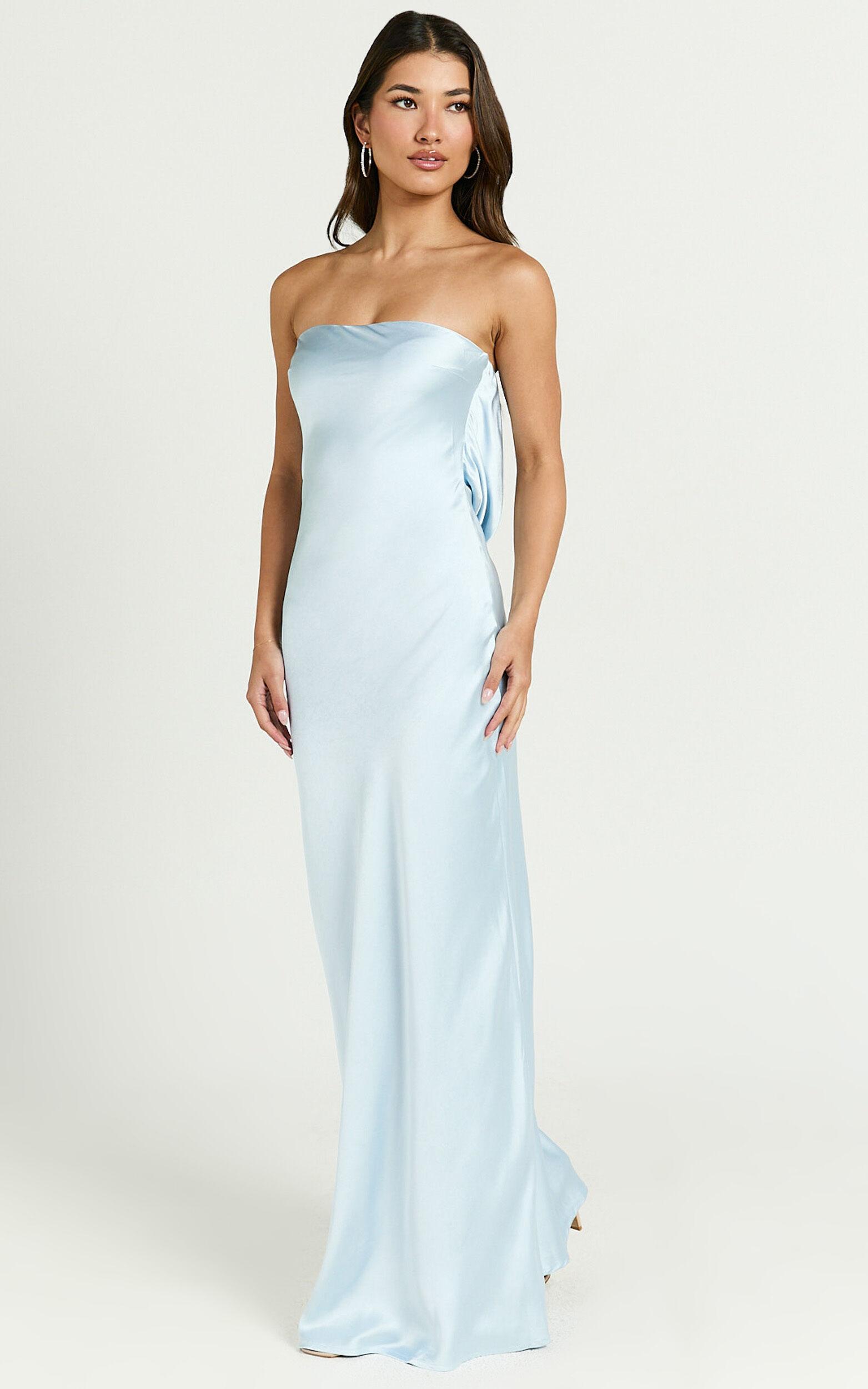 Charlita Maxi Dress - Strapless Cowl Back Satin Dress in Light Blue Product Image