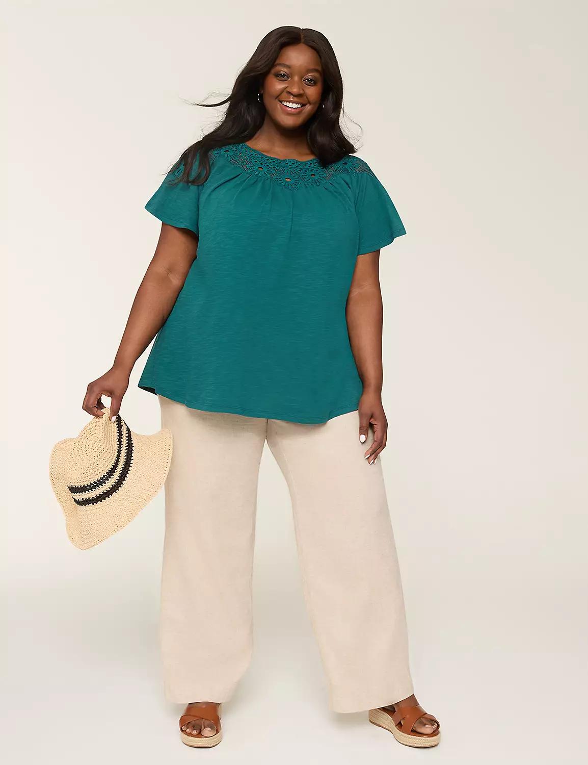 Short-Sleeve Crochet-Yoke Top Product Image