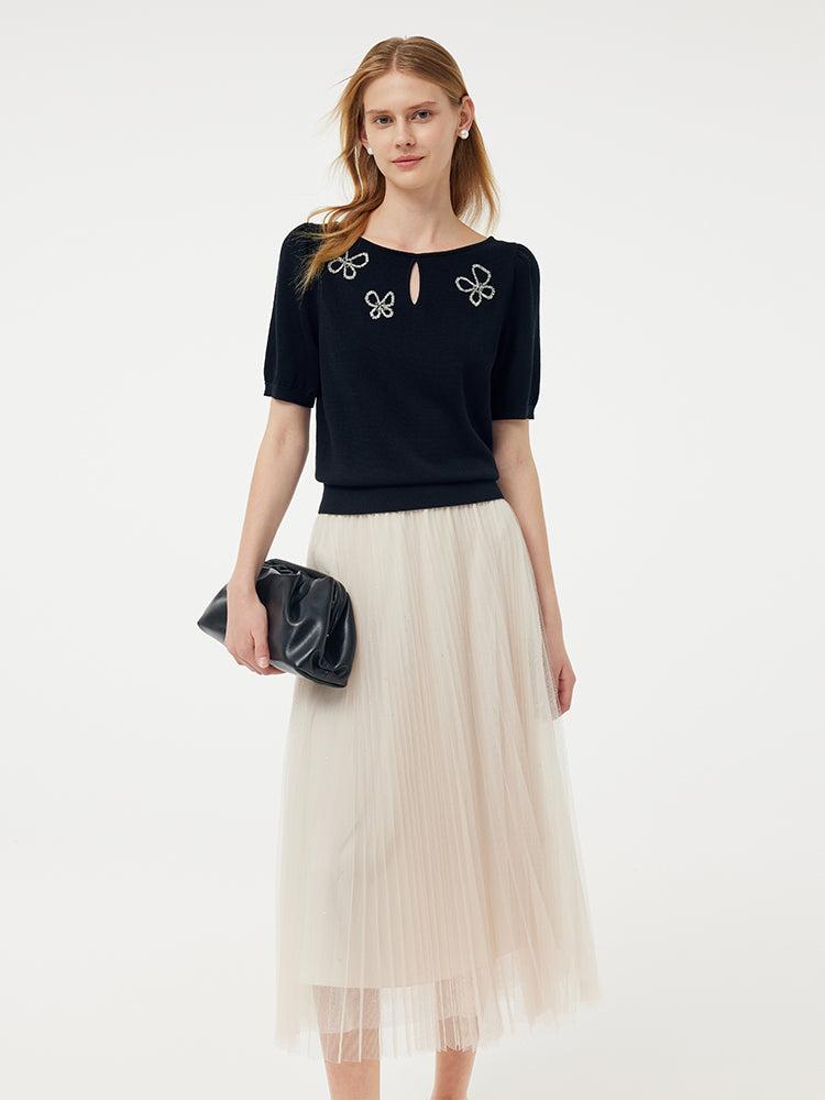 Tencel Knit Top And A-Line Mesh Skirt Two-Piece Set Product Image