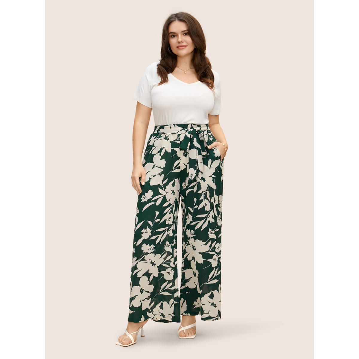 Plus Size Silhouette Floral Print Ties Side Seam Pocket Pants Women Cyan Elegant Wide Leg High Rise Everyday Pants BloomChic 18-20/2X Product Image