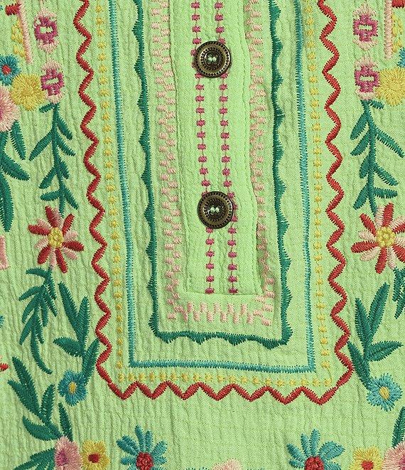 Calessa Petite Size Embroidered Floral Patchwork Split V-Neck 3/4 Sleeve Tunic Product Image