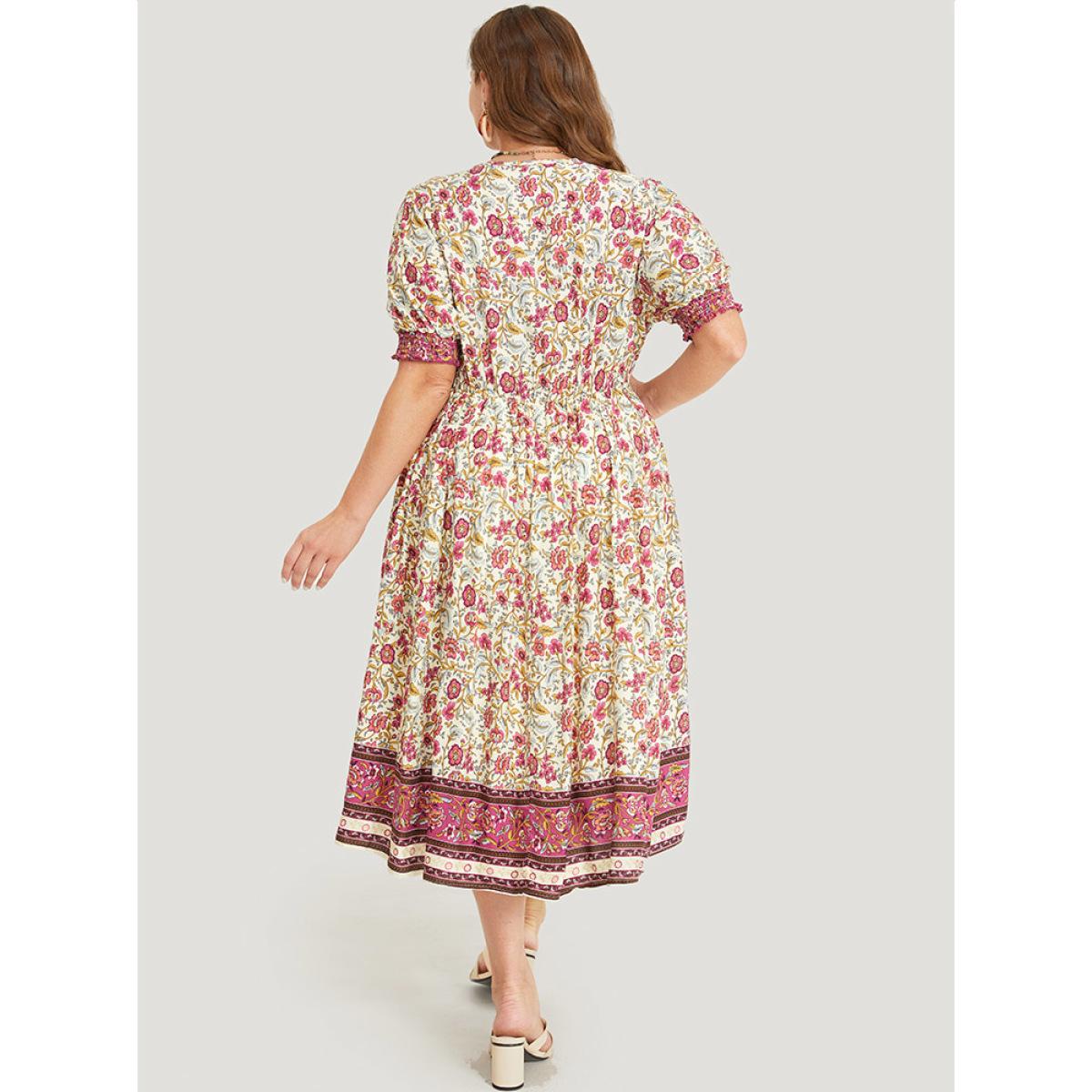 Plus Size Bandana Print Surplice Neck Pocket Shirred Puff Sleeve Dress Apricot Women Vacation Overlap Collar Short sleeve Curvy Midi Dress BloomChic 18-20/2X Product Image