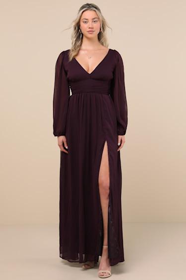 Enchant My Love Dark Purple V-Neck Long Sleeve Maxi Dress Product Image