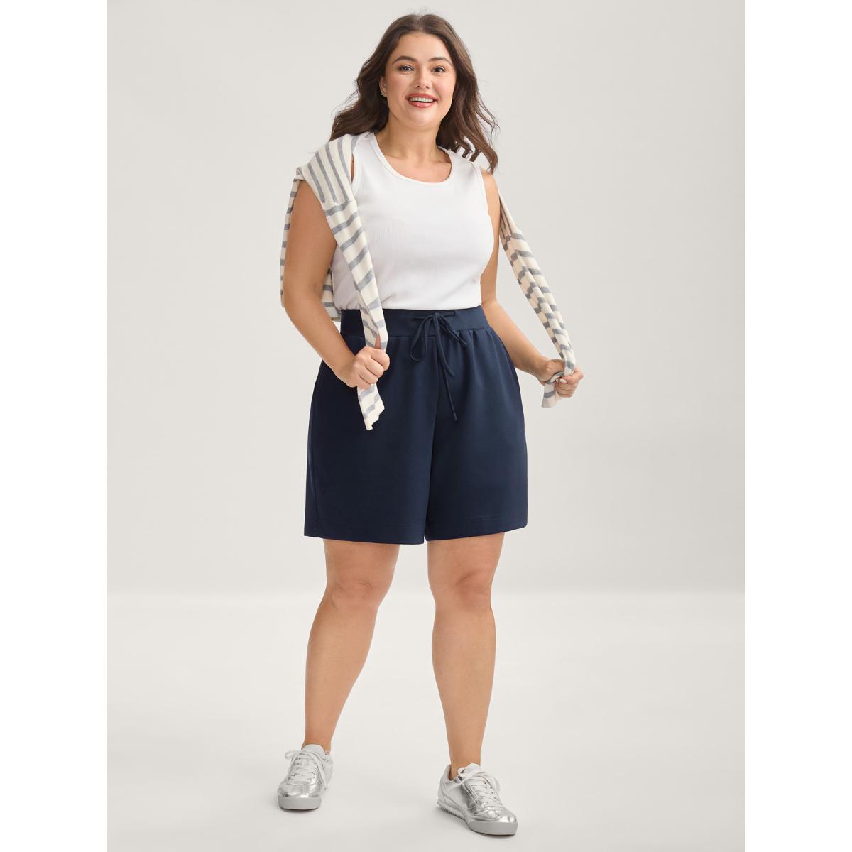 Plus Size Supersoft Wide Waistbelt Shorts Women Indigo Leisure Roll Hem Straight Leg Casual Shorts BloomChic 14-16/1X Product Image