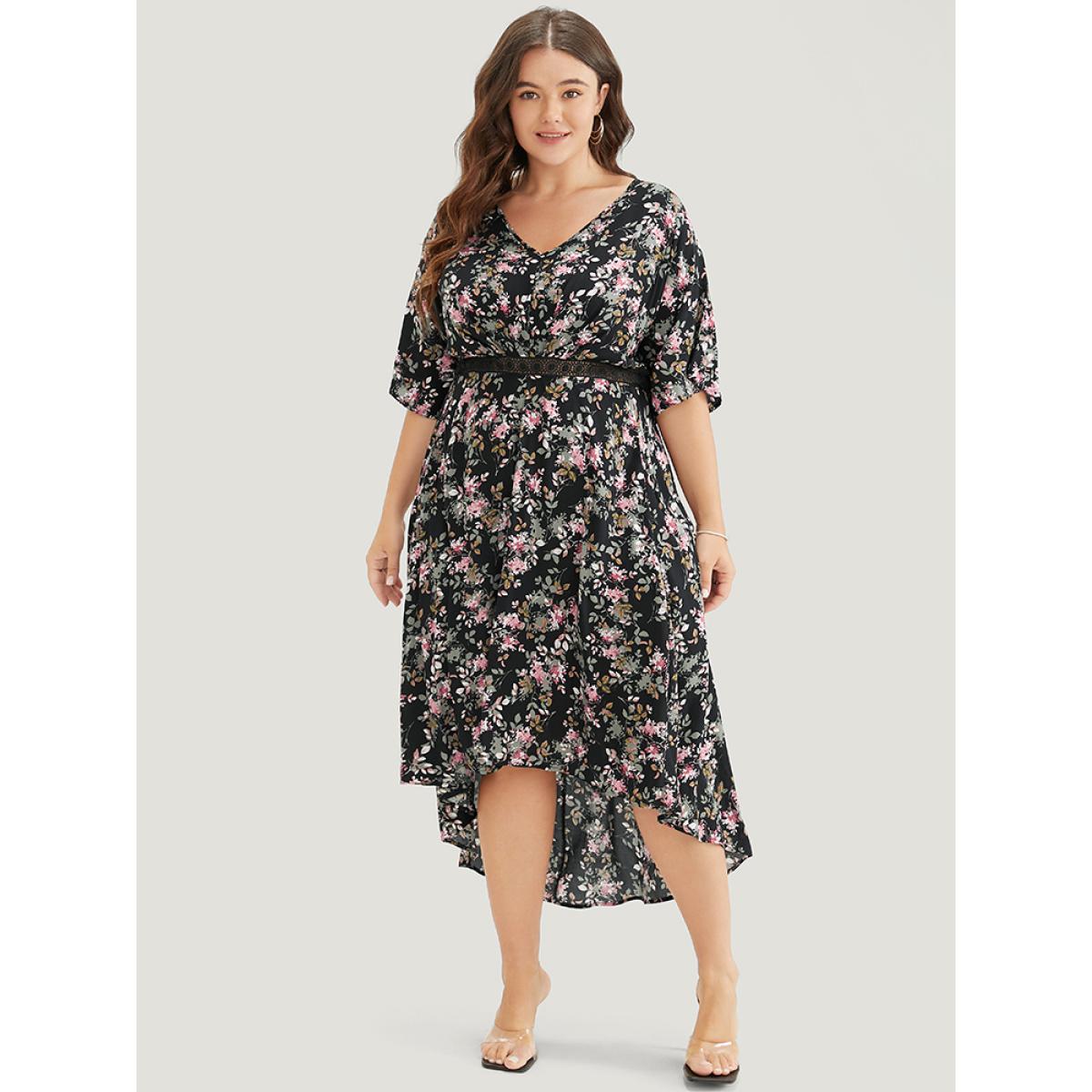 Plus Size Floral Lace Insert Dolman Sleeve Pocket Ruffle High Low Dress Black Women Elegant Lace V-neck Short sleeve Curvy Midi Dress BloomChic 30/6X Product Image