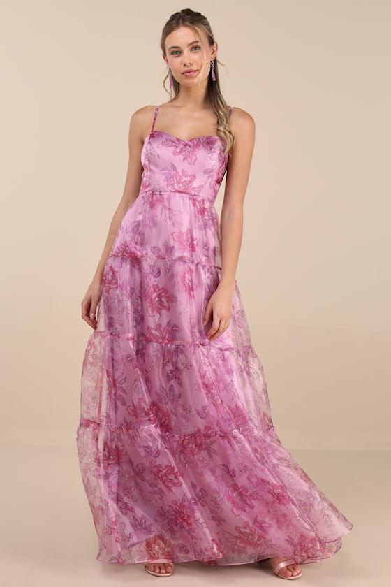 Exclusive Glamour Pink Floral Organza Tiered Maxi Dress Product Image