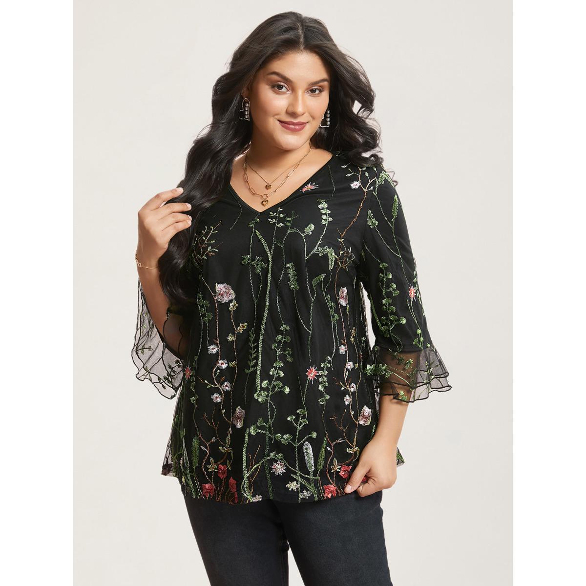 Plus Size Black Embroidered Mesh Lotus Leaf Sleeve Blouse Women Elegant Elbow-length sleeve V-neck Everyday Blouses BloomChic 28/5X Product Image