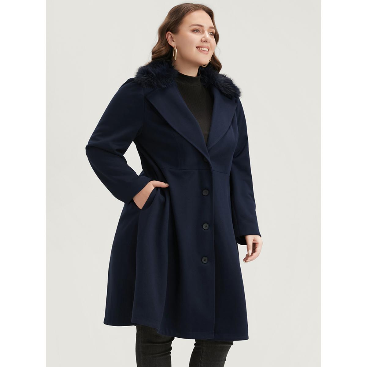 Plus Size Solid Pocket Single Breasted Fuzzy Trim Coat Without Belt Women DarkBlue Elegant Patchwork Ladies Dailywear Winter Coats BloomChic 28/5X Product Image