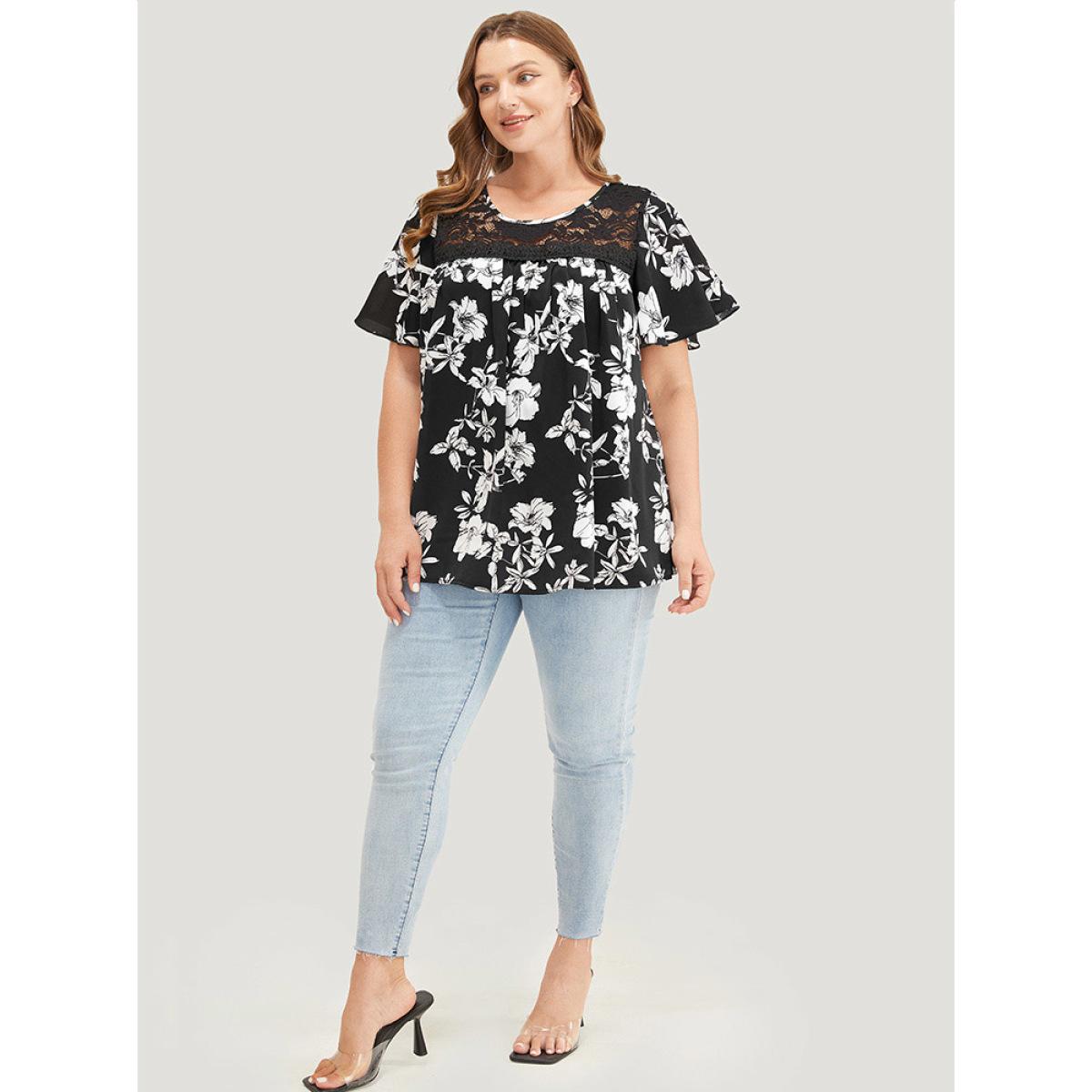 Plus Size BlackFlower Floral Print Gathered Lace Patchwork Blouse Women Elegant Short sleeve Round Neck Dailywear Blouses BloomChic 14-16/1X Product Image