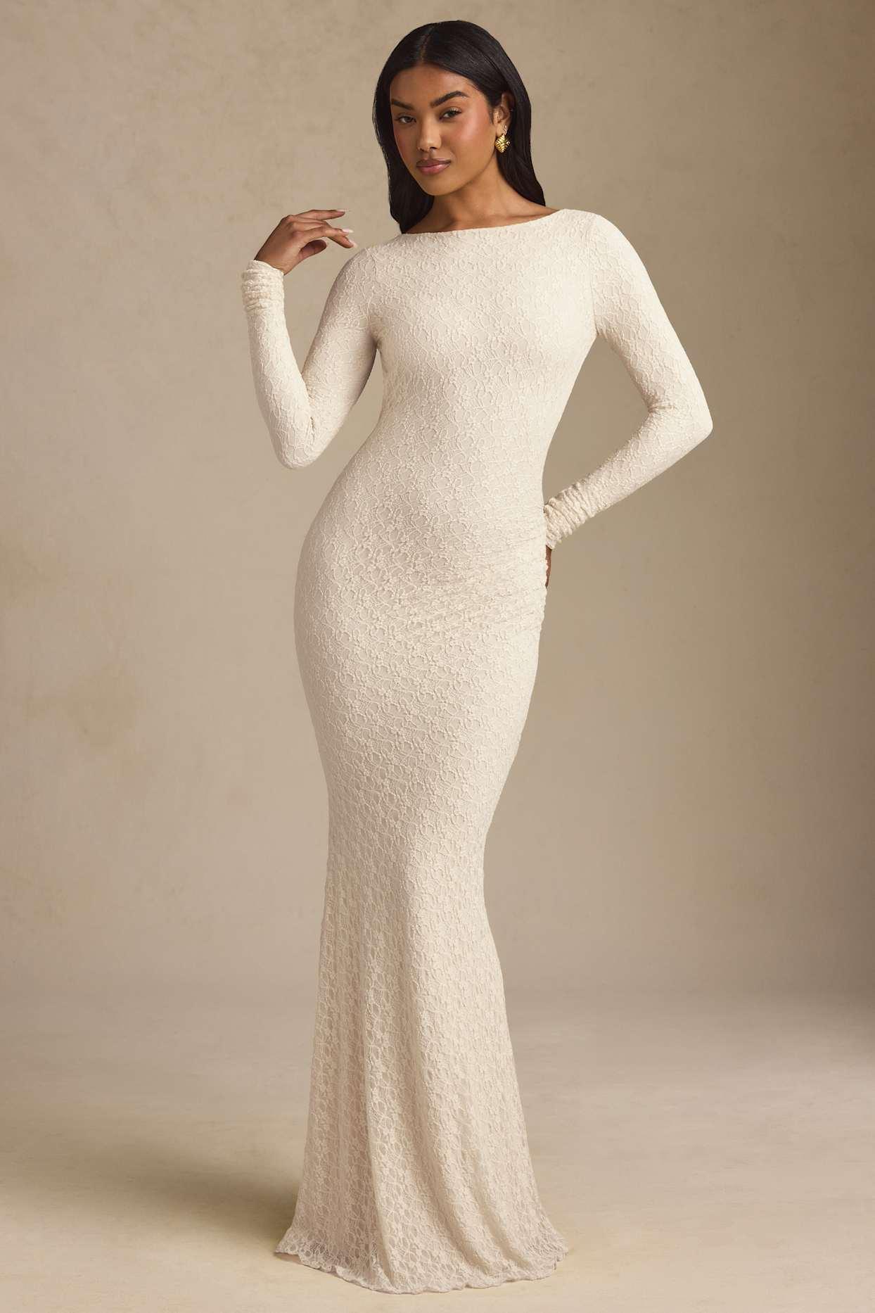 Ruched Backless Lace Maxi Dress in Ivory Product Image