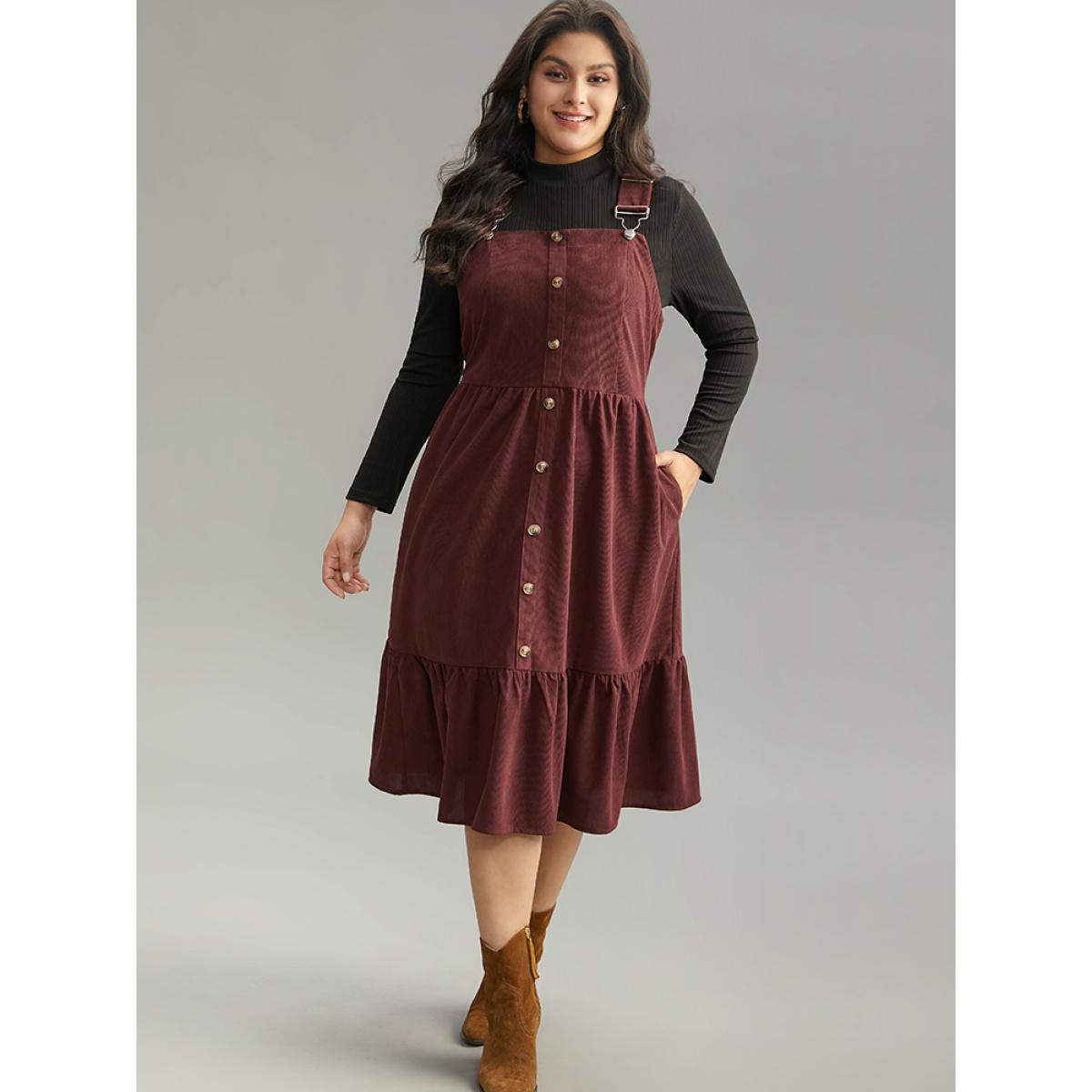 Plus Size Corduroy Button Detail Ruffles Adjustable Straps Dress Chocolate Women Casual Adjustable Straps Spaghetti Strap Sleeveless Curvy Midi Dress BloomChic 22-24/3X Product Image