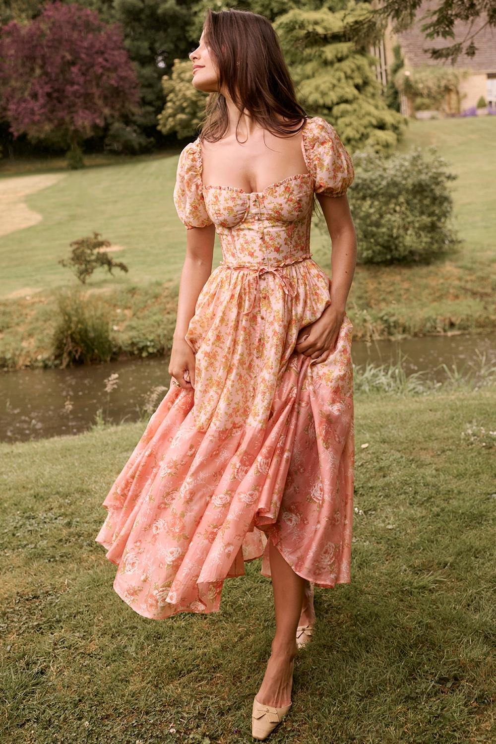 Penelope  peach poppy print puff sleeve midi sundress Product Image