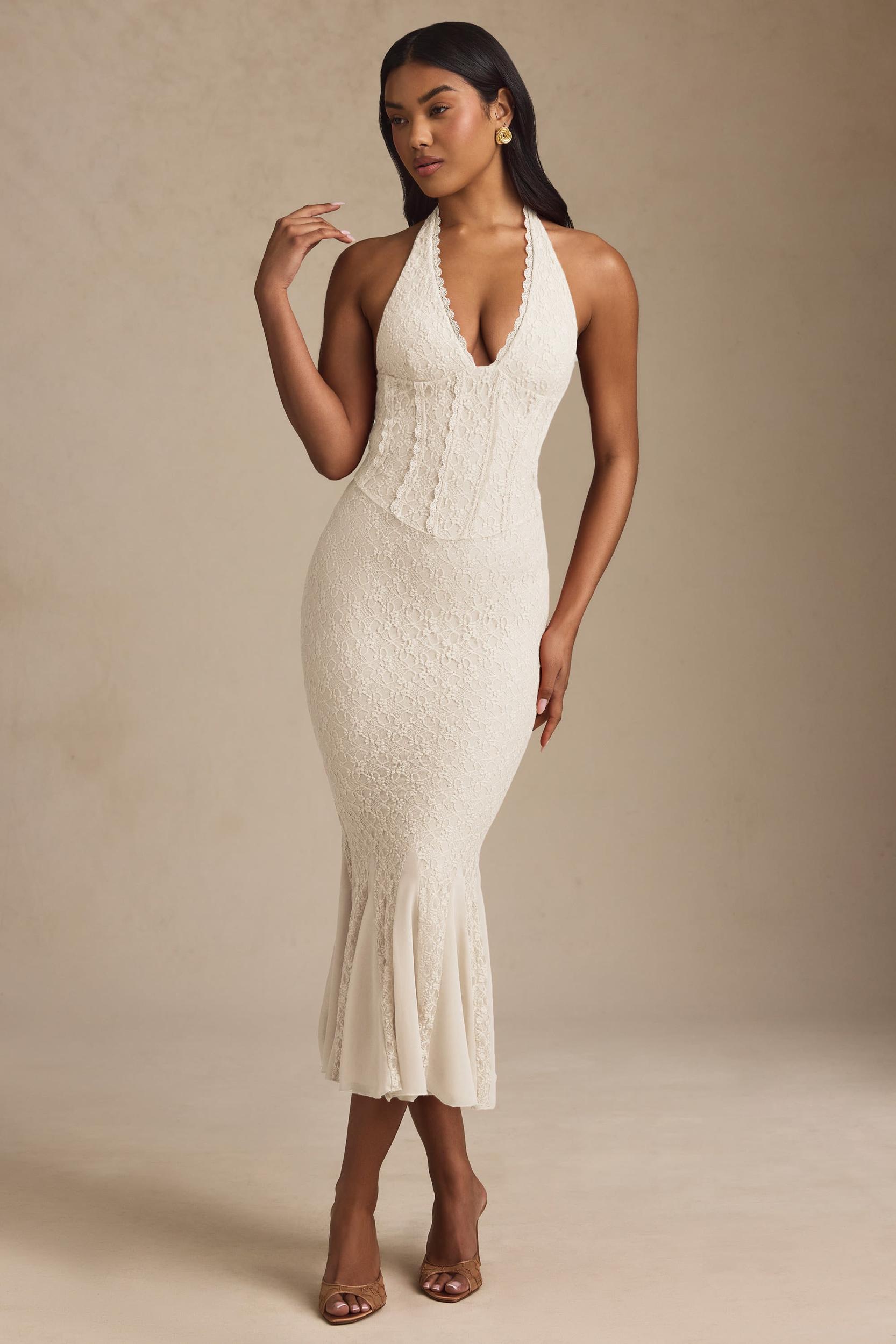 Halterneck Corset Lace Midaxi Dress in Ivory Product Image
