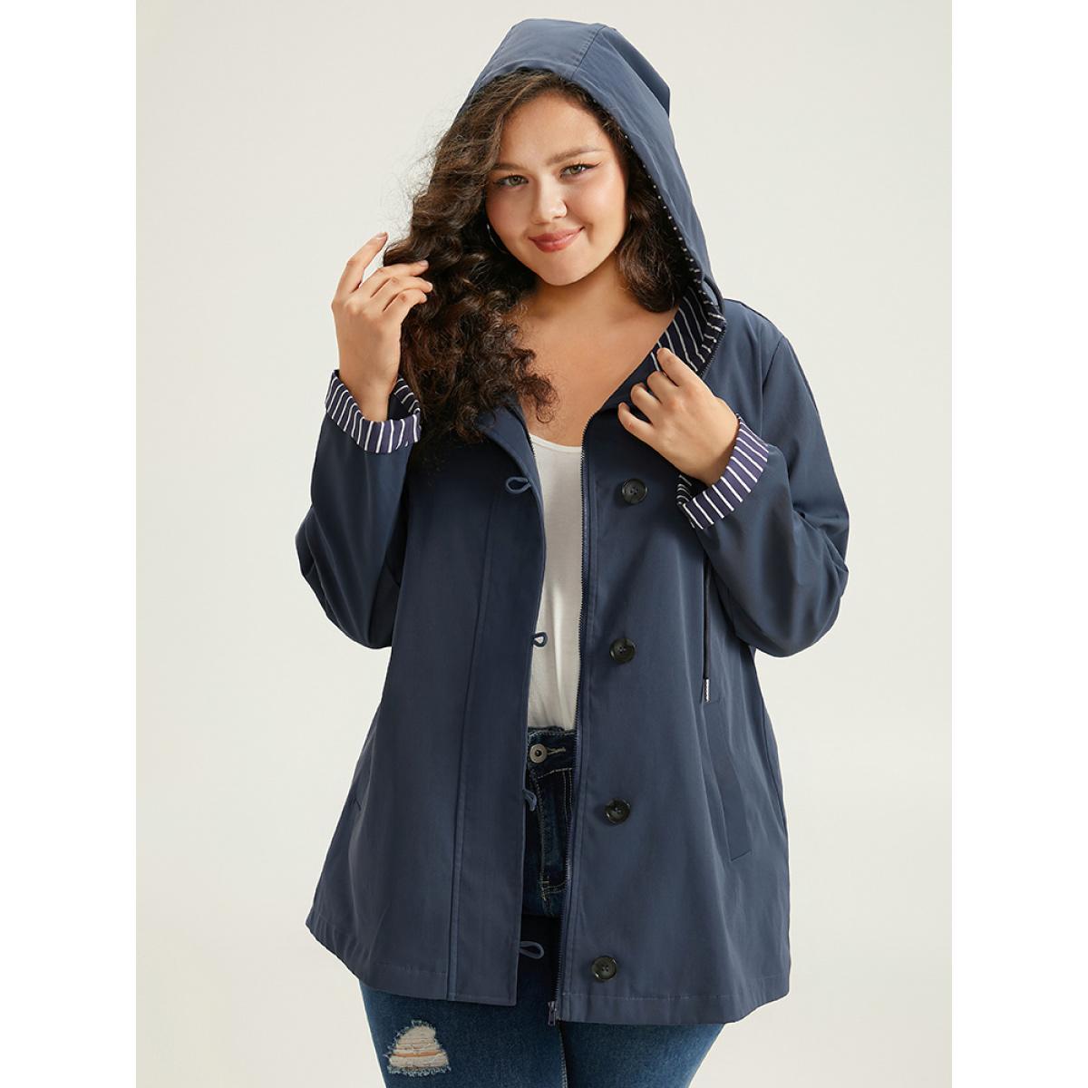 Plus Size Striped Patchwork Zipper Pocket Drawstring Coat Women DarkBlue Casual Contrast Ladies Everyday Winter Coats BloomChic 26/4X Product Image