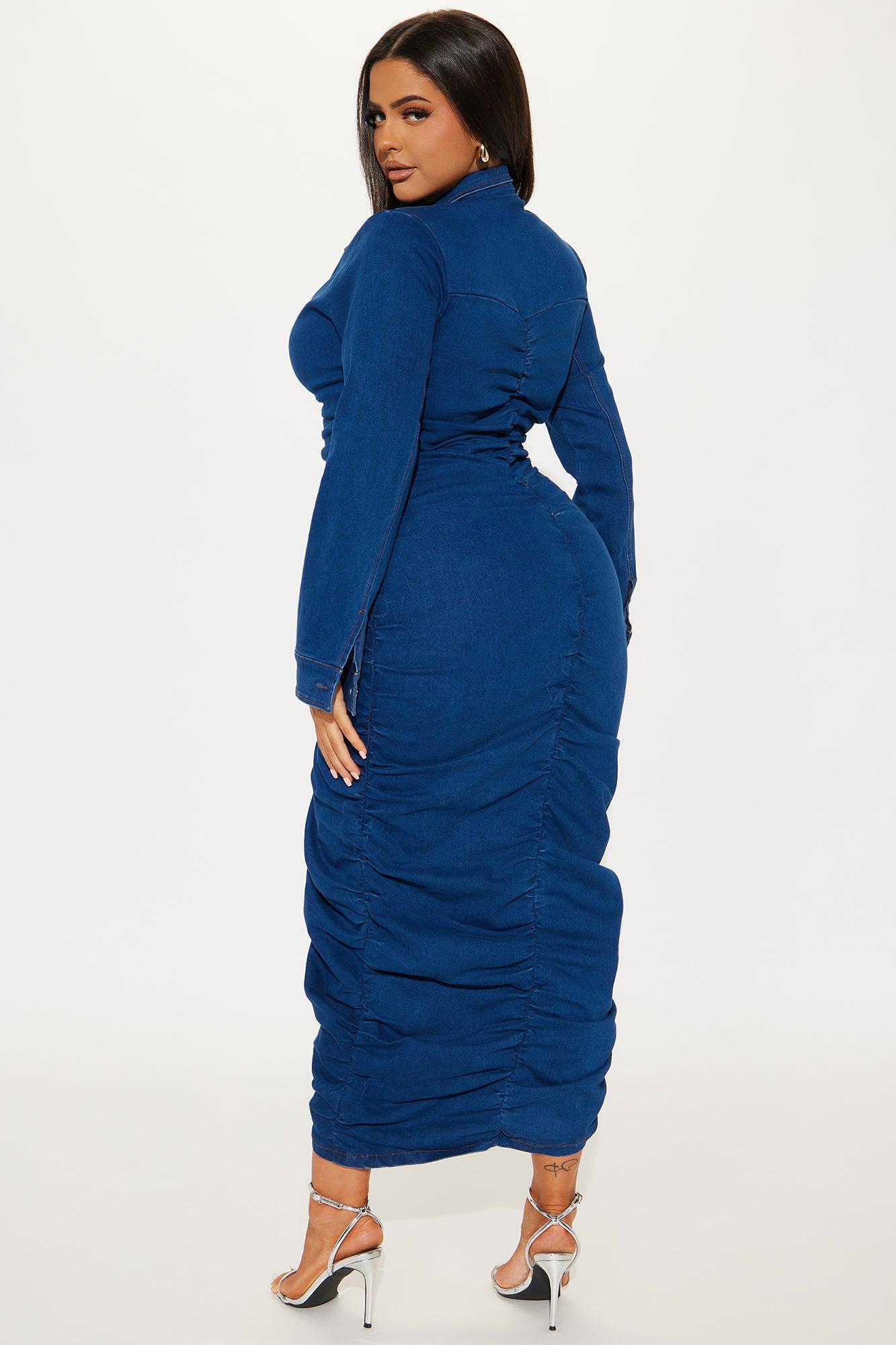 Marry Ruched Denim Maxi Dress - Dark Wash Product Image