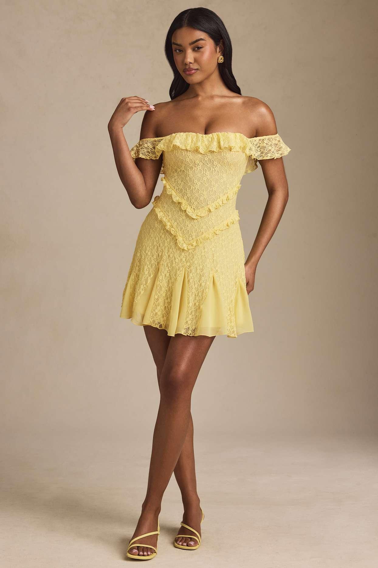 Off-Shoulder Lace A-Line Mini Dress in Pastel Yellow Product Image
