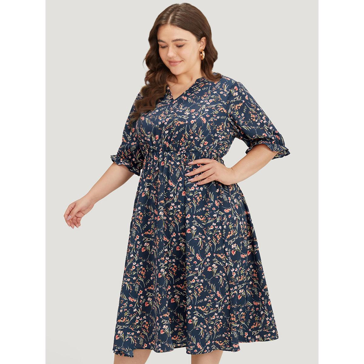 Plus Size Ditsy Floral Notched Flutter Trim Elastic Waist Dress DarkBlue Women Elegant Printed Notched collar Half Sleeve Curvy Midi Dress BloomChic 12/L Product Image