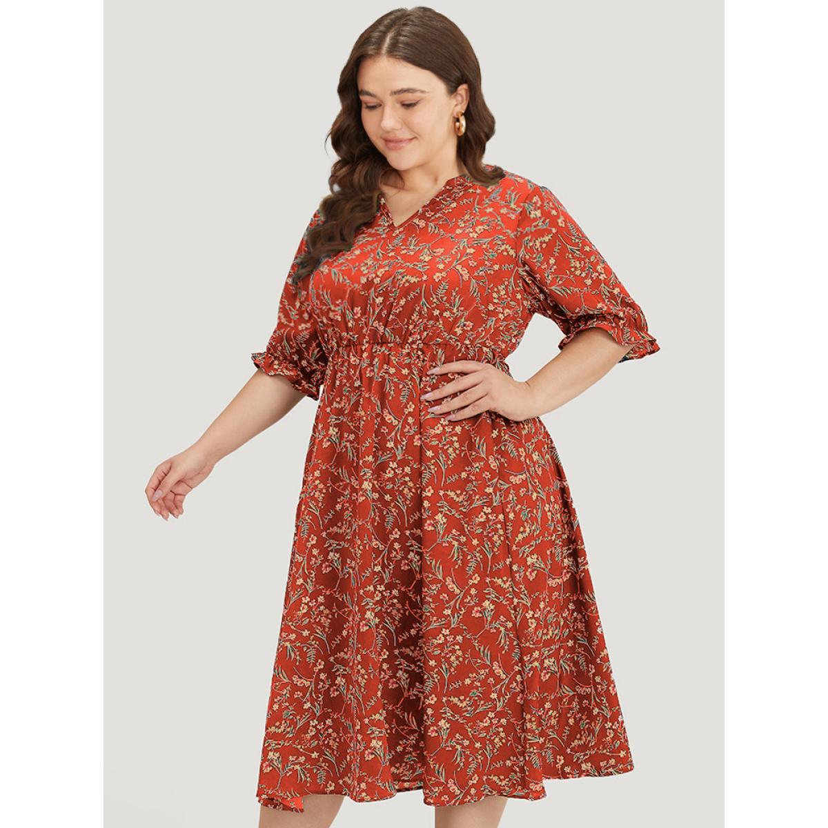 Plus Size Ditsy Floral Notched Flutter Trim Elastic Waist Dress Crimson Women Elegant Printed Notched collar Half Sleeve Curvy Midi Dress BloomChic 26/4X Product Image