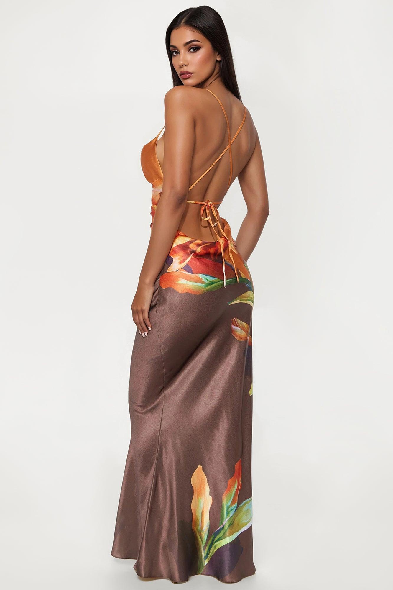 Jayla Backless Satin Maxi Dress - Mocha/combo Female Product Image