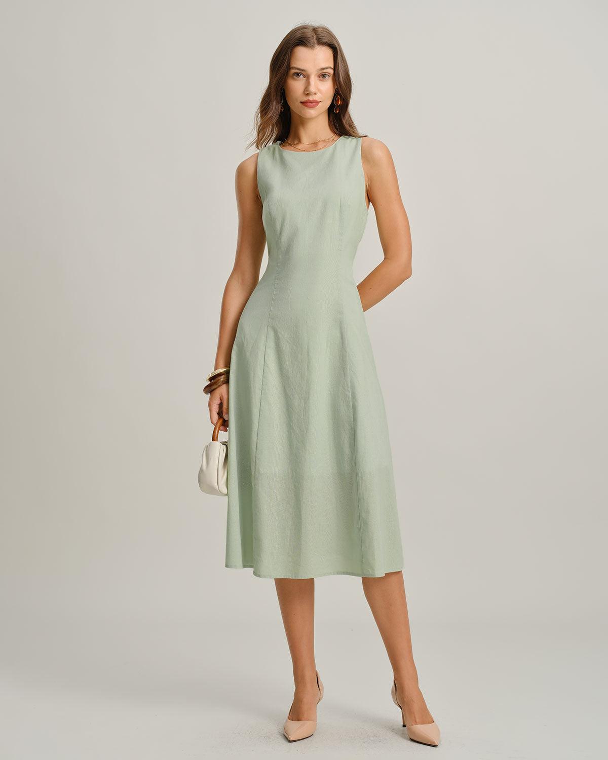 Green Round Neck Sleeveless Midi Dress Product Image
