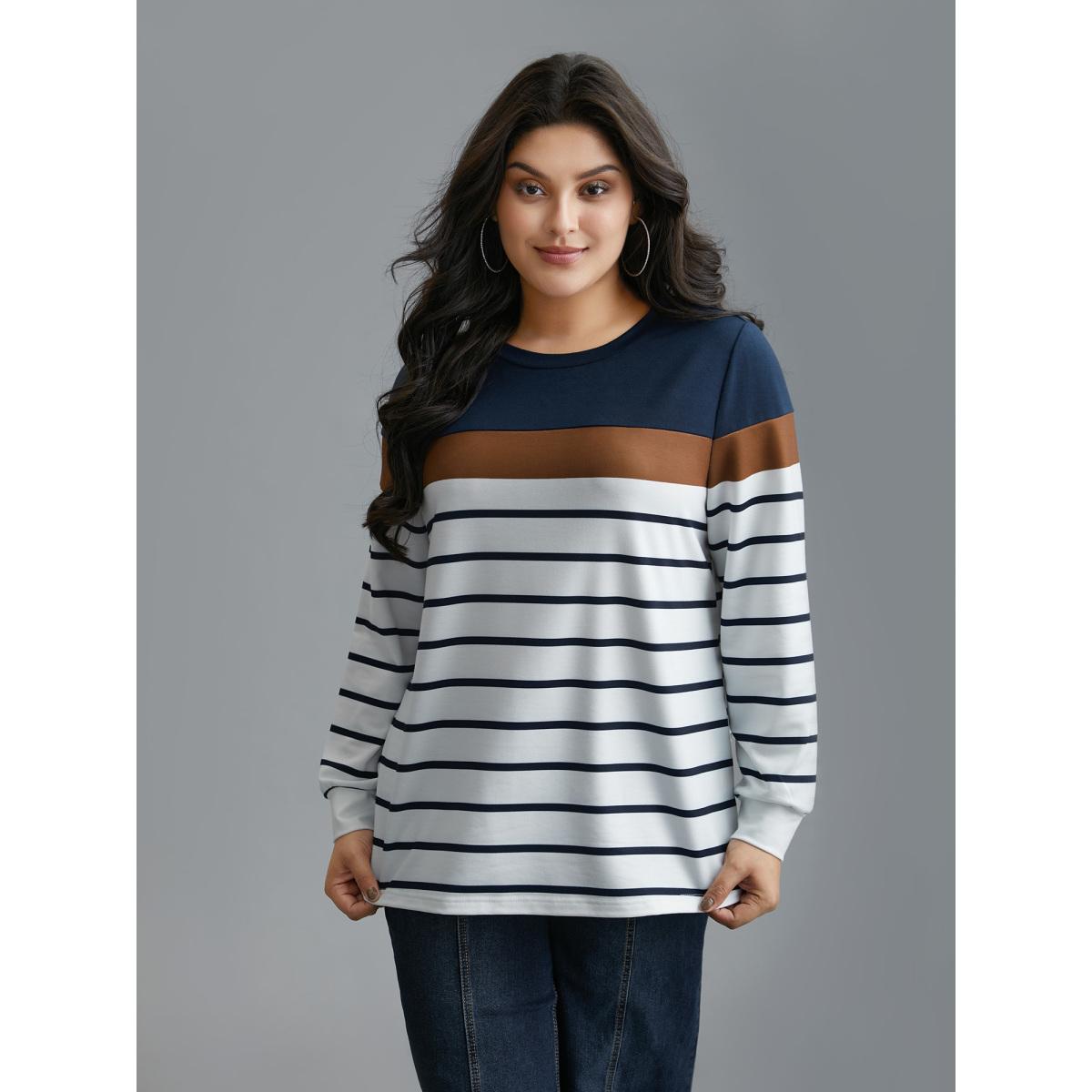 Plus Size Striped Contrast Round Neck Sweatshirt Women Midnight Casual Contrast Loose Round Neck Everyday Sweatshirts BloomChic 10/M Product Image
