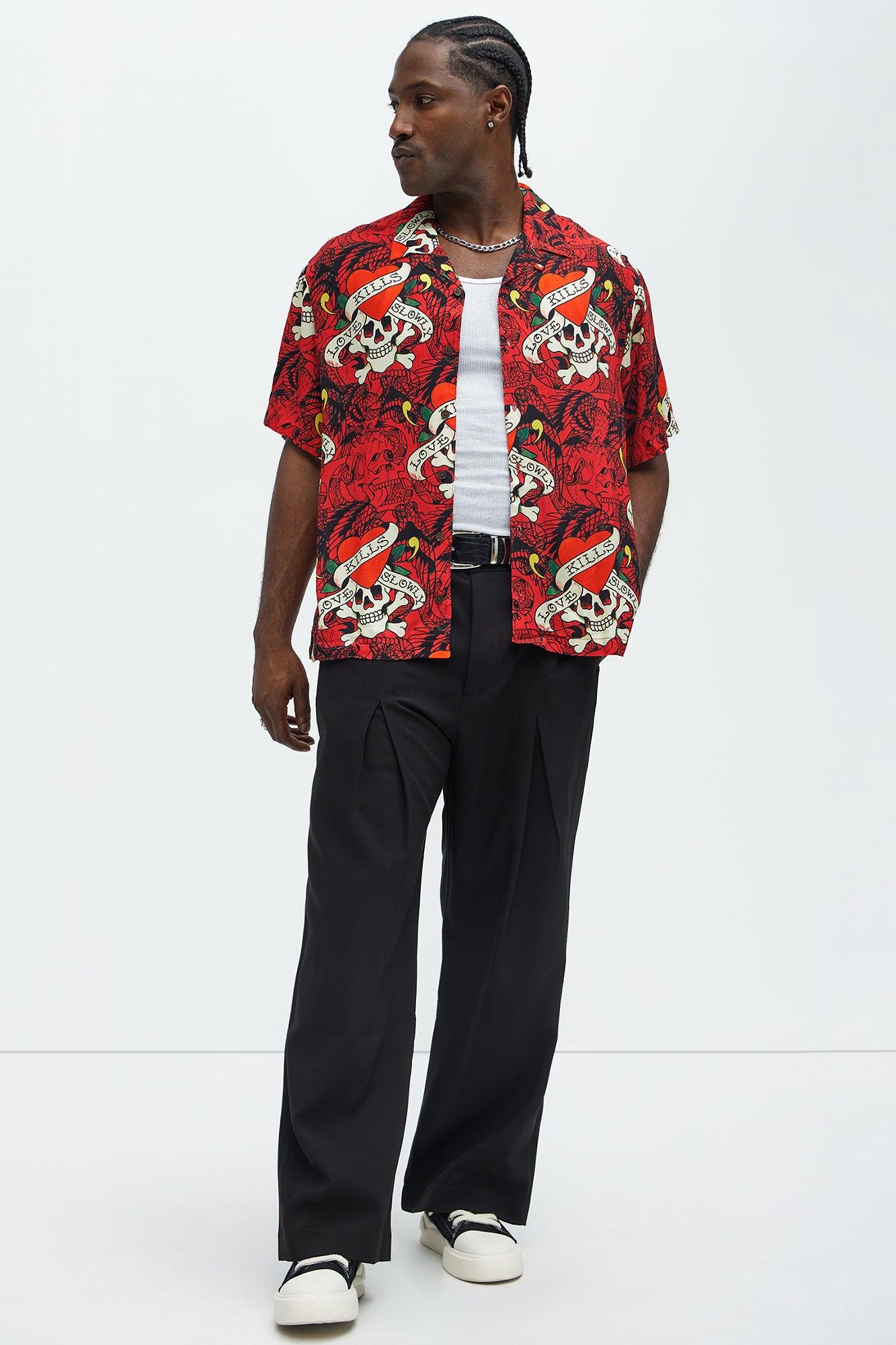 Ed Hardy Regular Fit All Over Print Button Up Shirt - Red Product Image