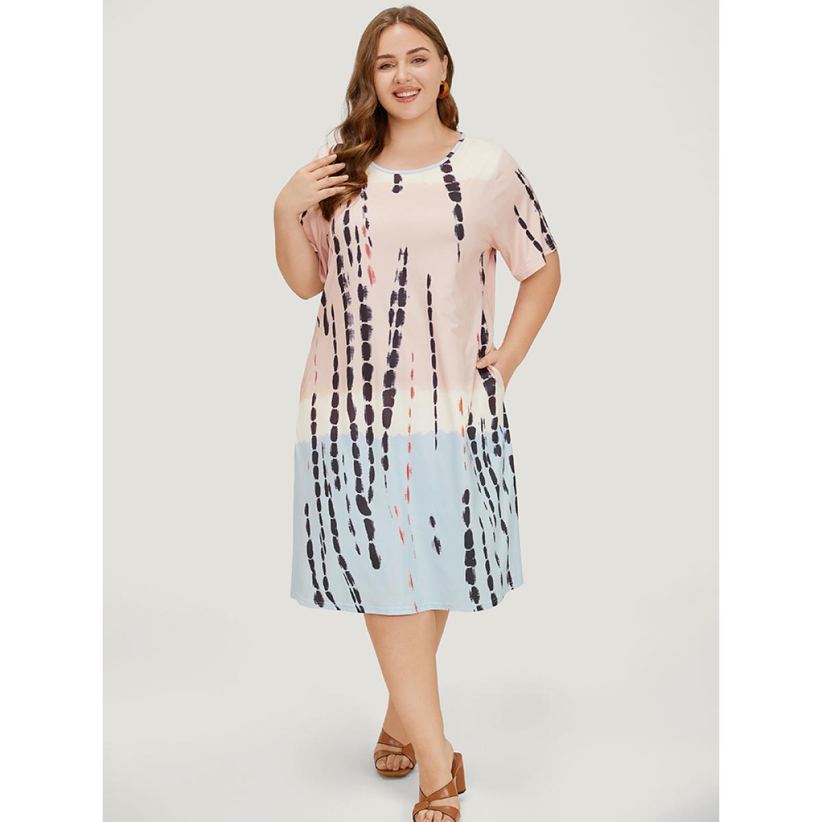 Plus Size Tie Dye Crew Neck Pocket Color Block Contrast Dress Multicolor Women Vacation Contrast Round Neck Short sleeve Curvy Midi Dress BloomChic 14-16/1X Product Image