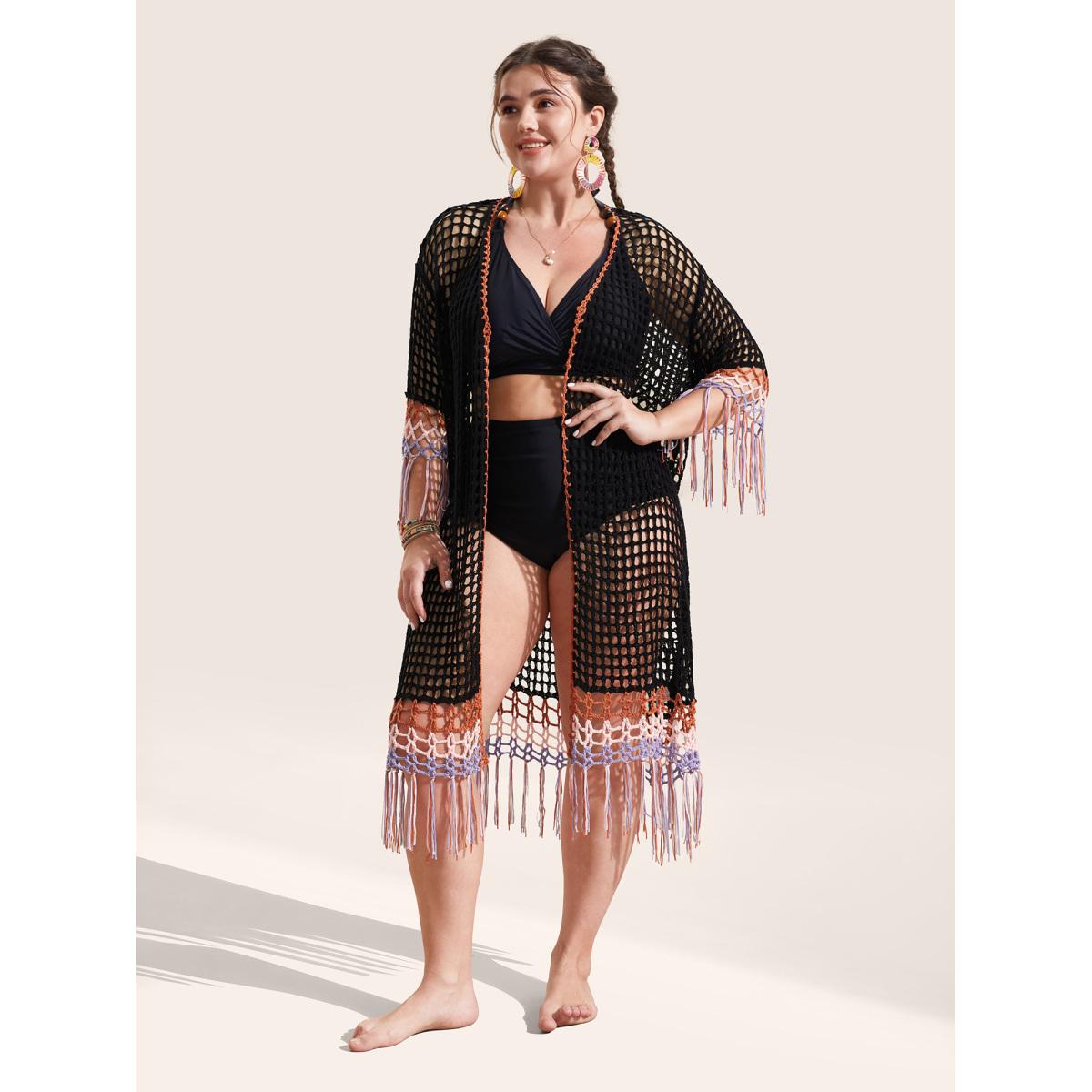 Plus Size Crochet Cut Out Tassels Trim Swim Cover Up Women's Swimwear Black Beach Loose Crochet Curve Swim Cover Ups BloomChic 26/4X Product Image