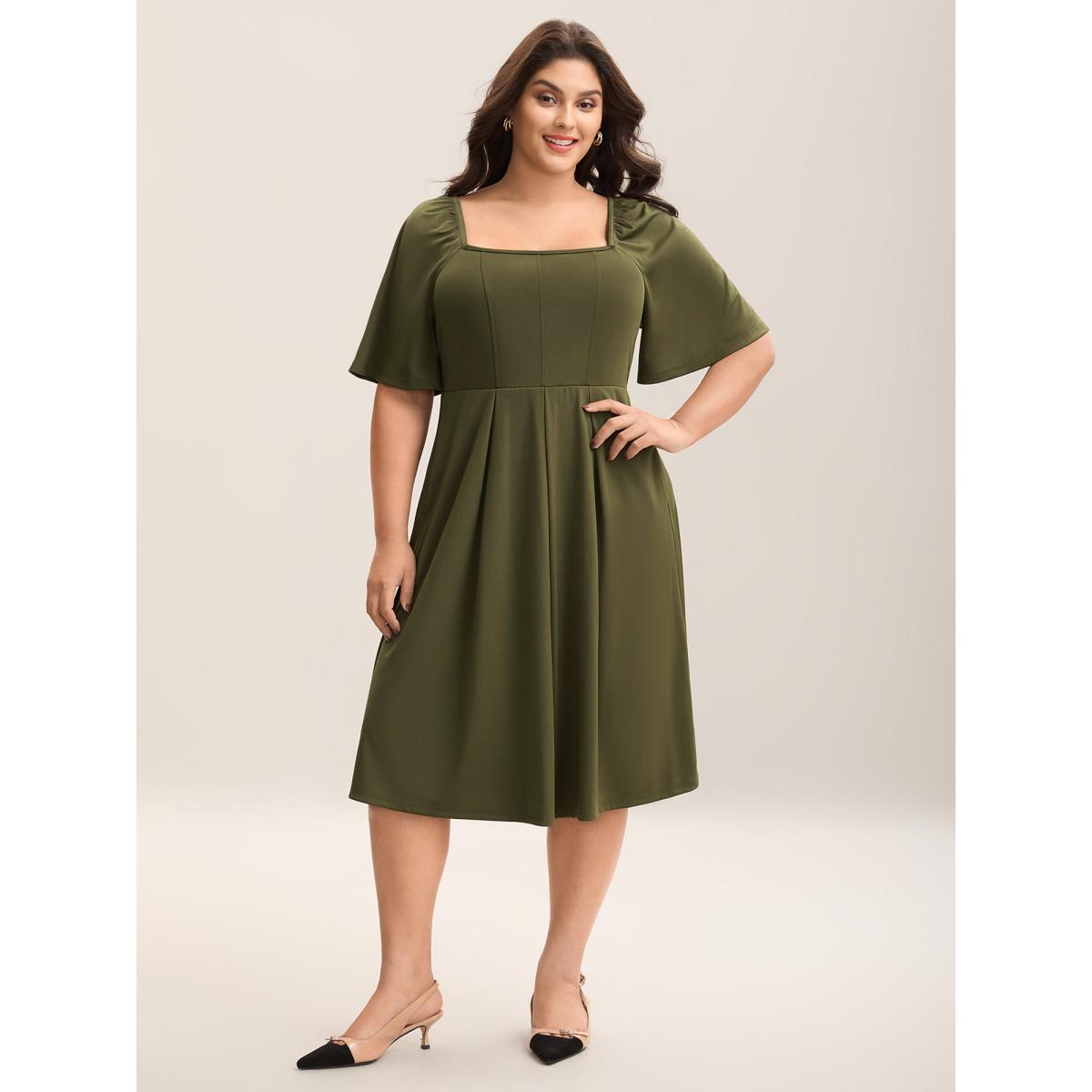 Plus Size Stretchy Plicated Detail Square Neck Dress ArmyGreen Women At the Office Pleated Square Neck Short sleeve Curvy BloomChic 14-16/1X Product Image
