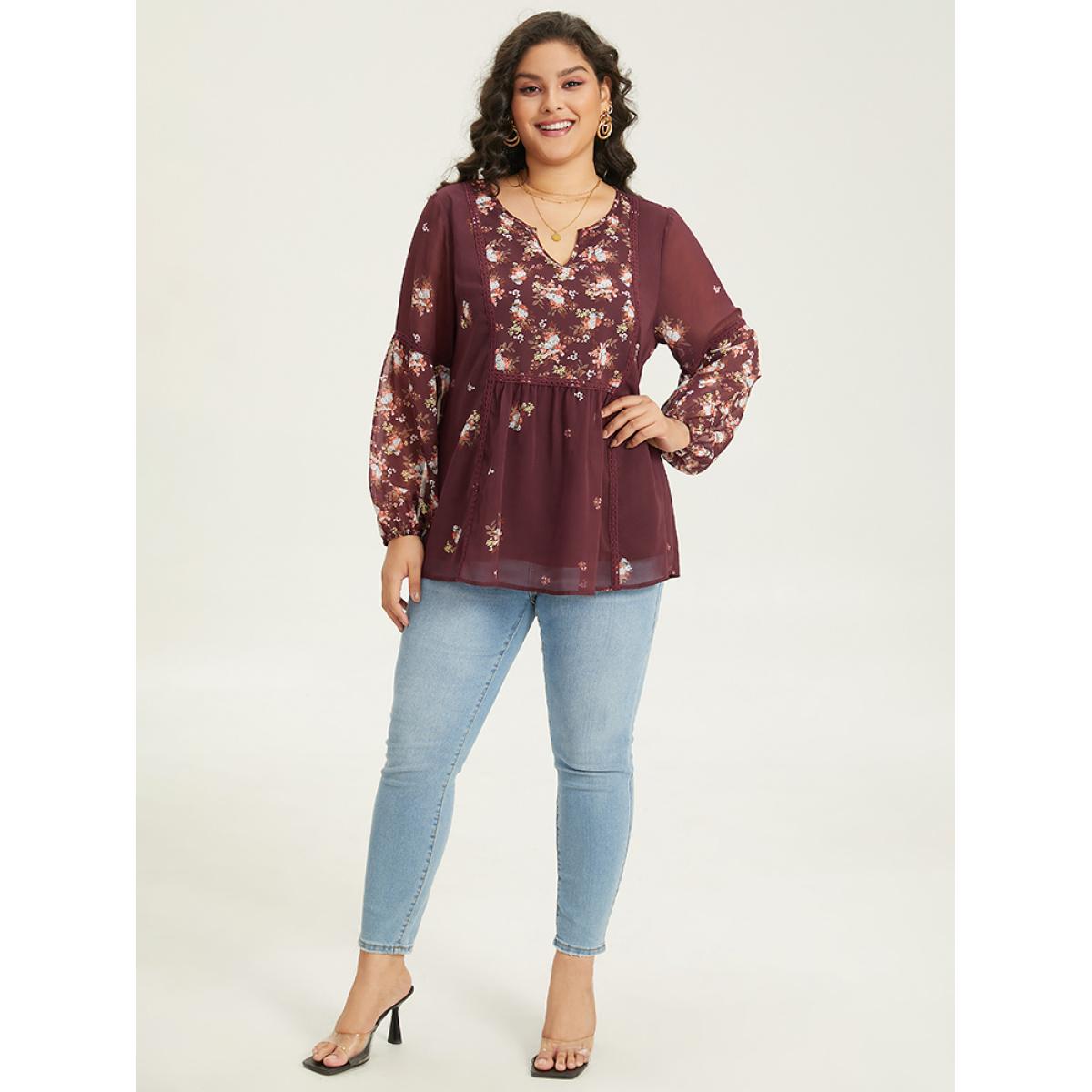 Plus Size Scarlet Floral Print Mesh Lace Patchwork Lantern Sleeve Blouse Women Elegant Long Sleeve V-neck Dailywear Blouses BloomChic 18-20/2X Product Image