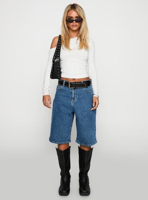 Retro Dream Mid Rise Longline Denim Shorts Mid Wash Product Image