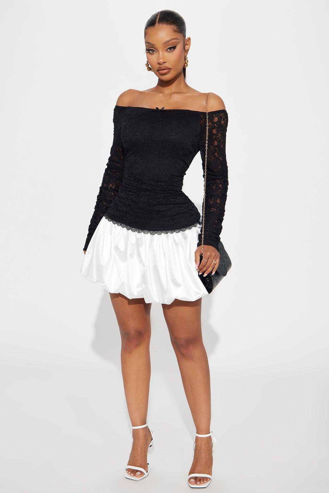 Dream Date Lace Bubble Mini Dress - Black/White Product Image