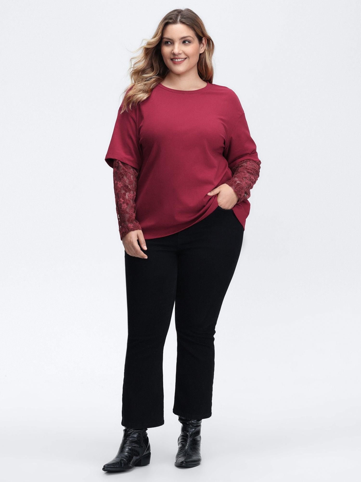 2-In-1 Layered Sheer Lace Sleeve T-Shirt Female Product Image