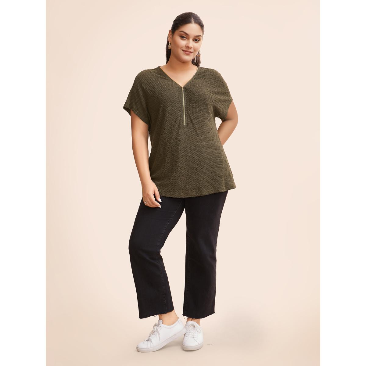 Plus Size Texture Half Zip Batwing Sleeve T-shirt ArmyGreen Women Casual Texture V-neck Everyday T-shirts BloomChic 10/M Product Image