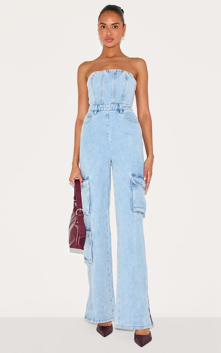 Light Blue Wash Cargo Pocket Bandeau Denim Jumpsuit Product Image