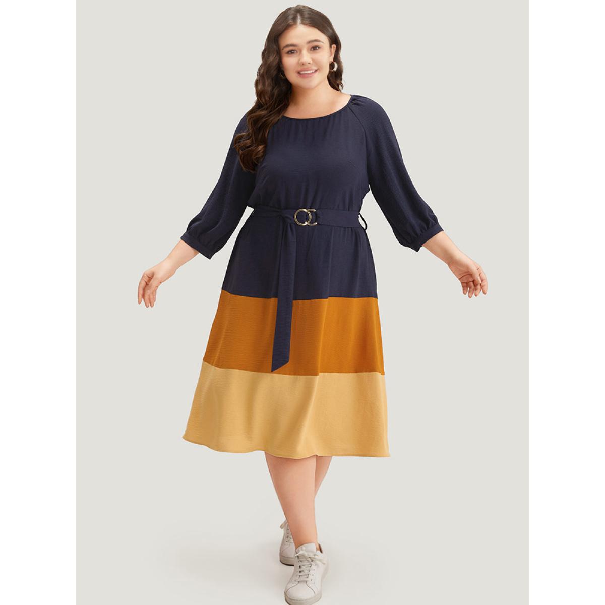 Plus Size Colorblock Contrast Metal Detail Lantern Sleeve Dress Midnight Women Casual Gathered Round Neck Elbow-length sleeve Curvy Midi Dress BloomChic 12/L Product Image