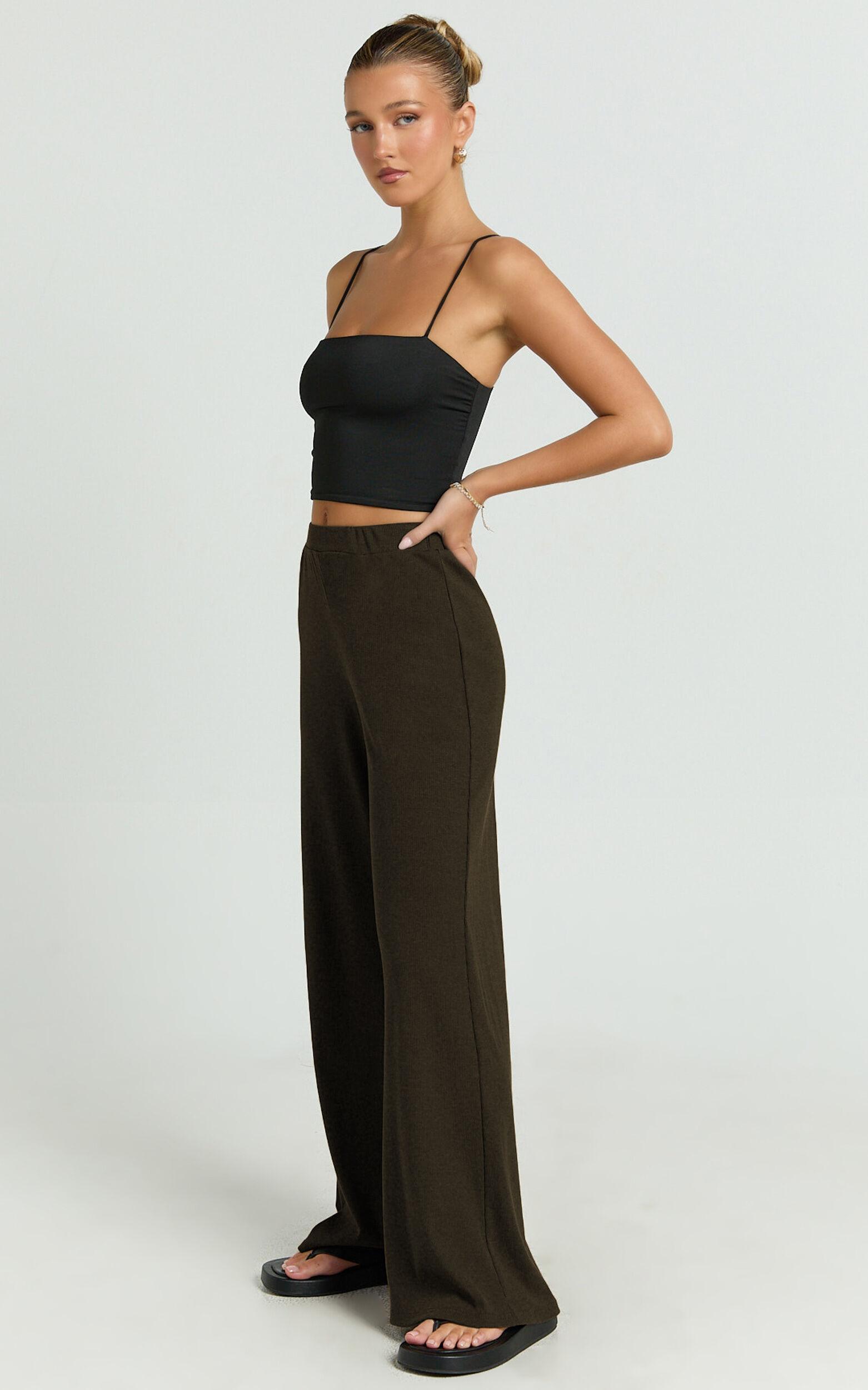 Amalthea Pants - High Waisted Jersey Rib Wide Leg Pants in Chocolate Product Image