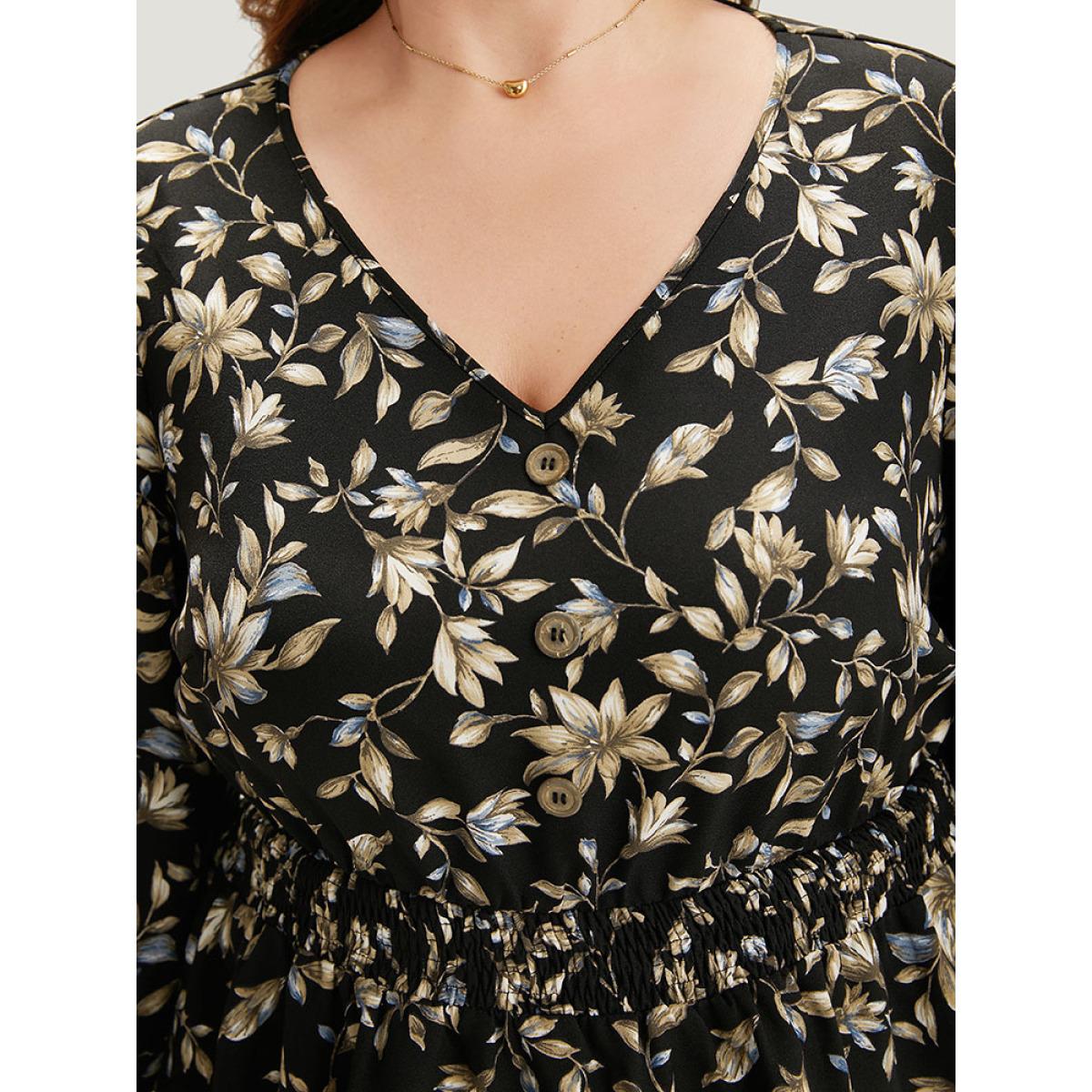 Plus Size BlackFlower Floral Print Shirred Button Detail V Neck Petal Sleeve Blouse Women Vacation Half Sleeve V-neck Dailywear Blouses BloomChic 28/5X Product Image