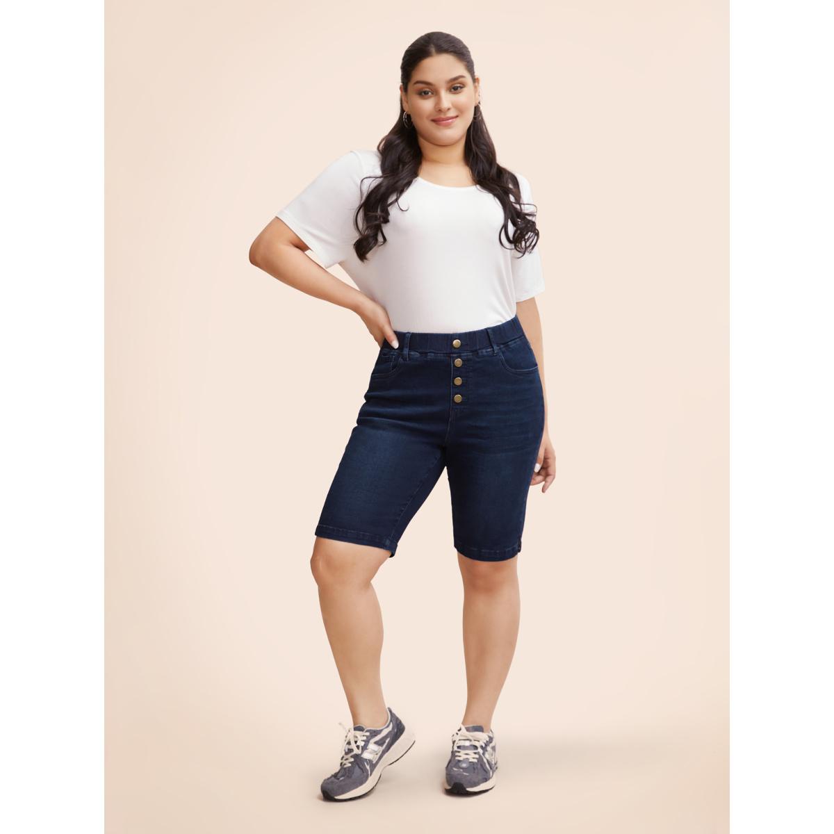 Plus Size High Stretch Elastic Waist Split Side Jeans Women Denimindigo Button High stretch Everyday Slanted pocket Casual Denim Shorts BloomChic 20/2X Product Image